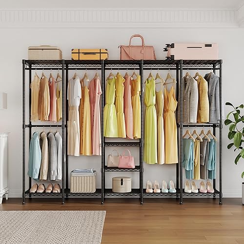 Miniatura 8 de H5 Perchero de alambre extra grande, perchero de ropa resistente, perchero independiente para colgar ropa, armario con estante ajustable, 93.3