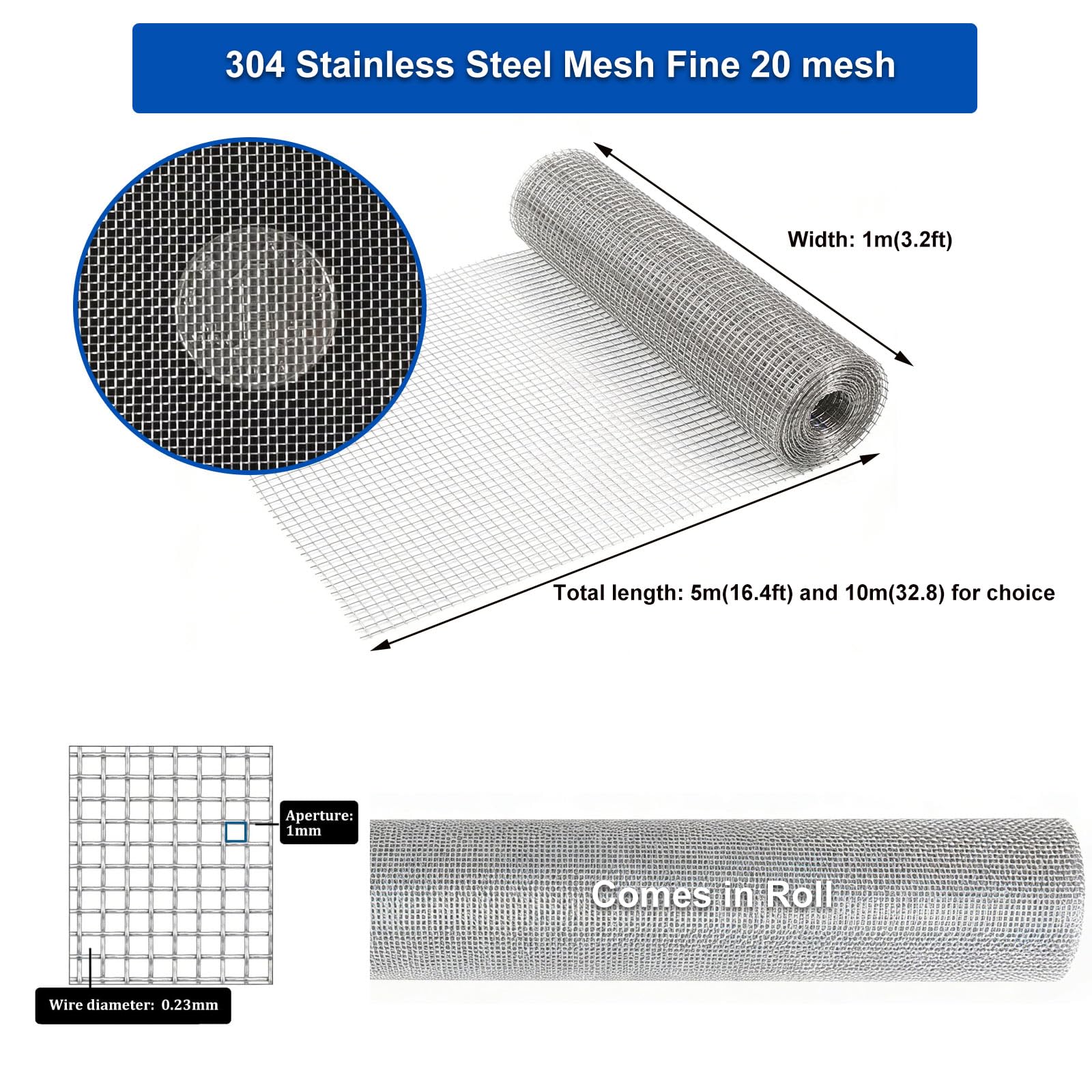 Rolka Siatki Ze Stali Nierdzewnej 20 Mesh – Drobna Siatka Ochronna Przeciw Gryzoniom, Owadom, Wężom, Osom, łatwa Do Cięcia, Na Okna, Drzwi, Ogrodzenia, Filtry Odpływowe(Size:1 * 5m,Color:1-roll)