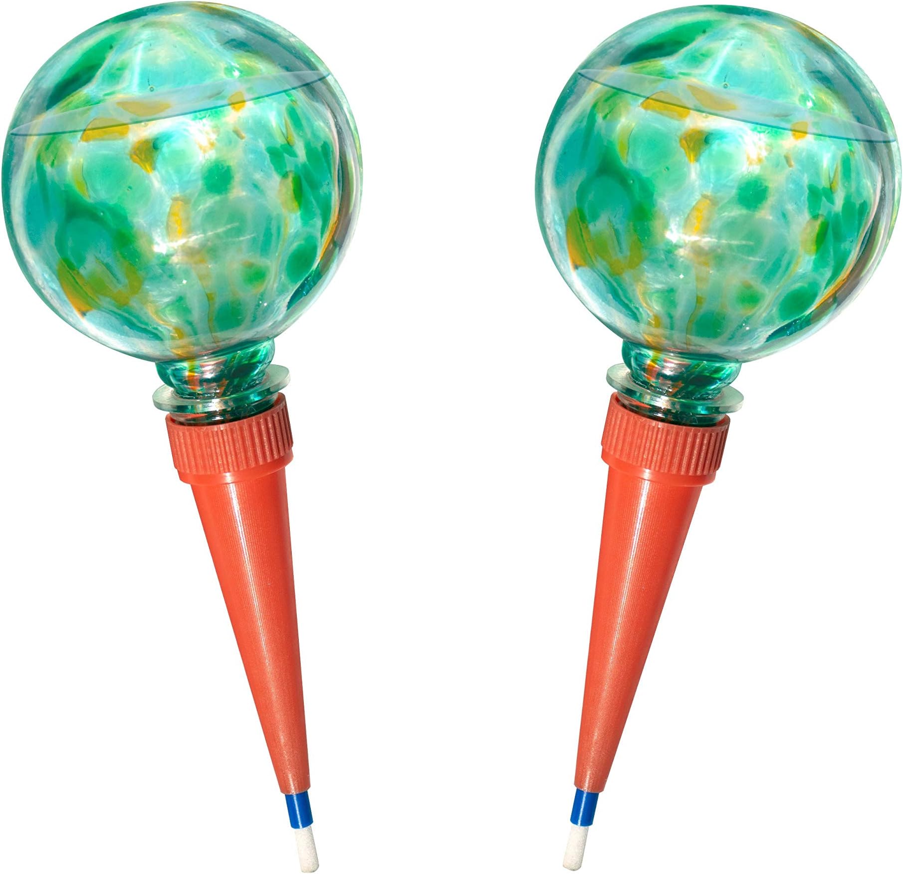 Plantpal 2 Large Decorative Glass Watering Globes, Plant Watering Stakes, Aqua Spikes, Automatic Plant Watering, Practical Watering System That Really Works. Great for House Plants. (Green, Glass).