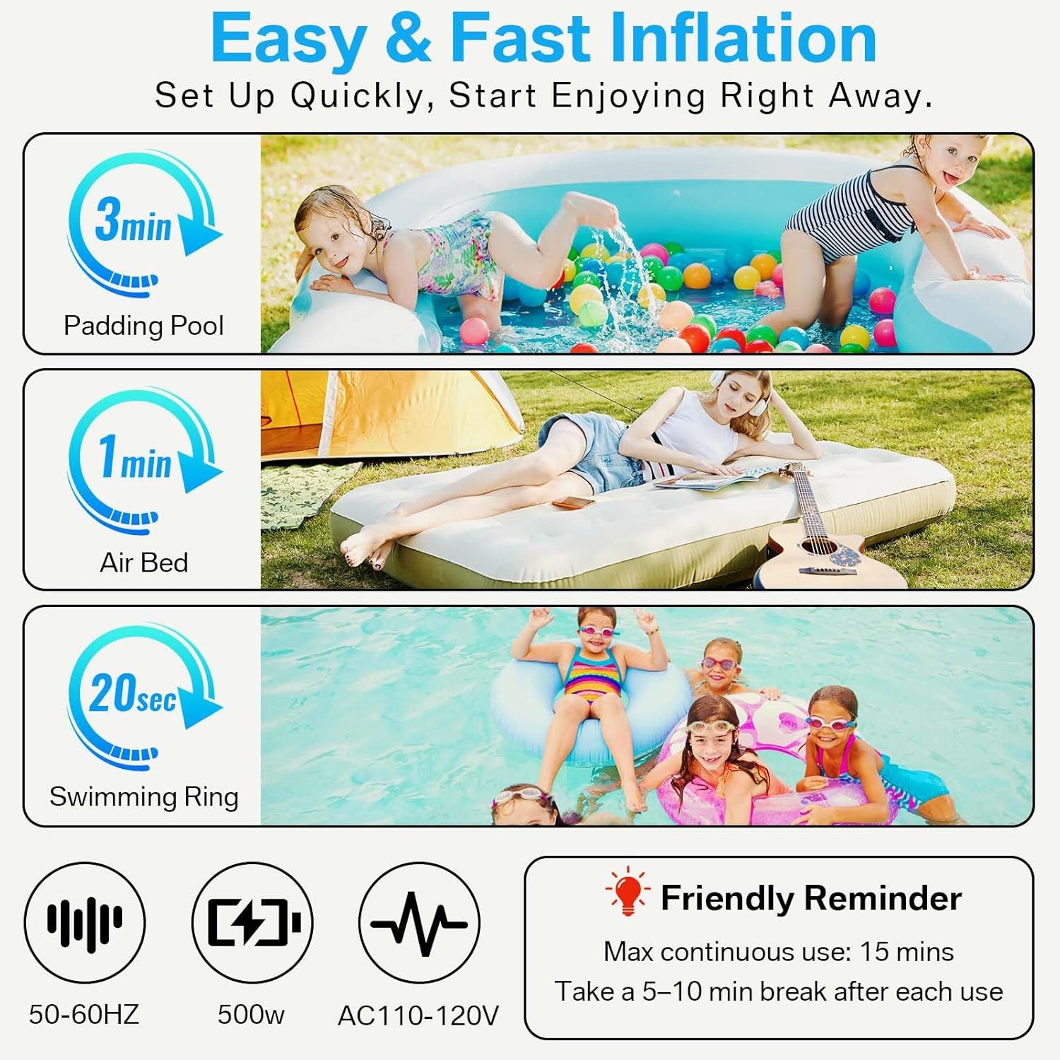 Electric Airpump for Inflatable Tumble Track Gymnastics Mat, Air Roller Barrel, Swimming Ring, Bed, Pool Toy, Inflatables Raft Boat Electric Pump with 4 Nozzles（AC 110-120V（500W））