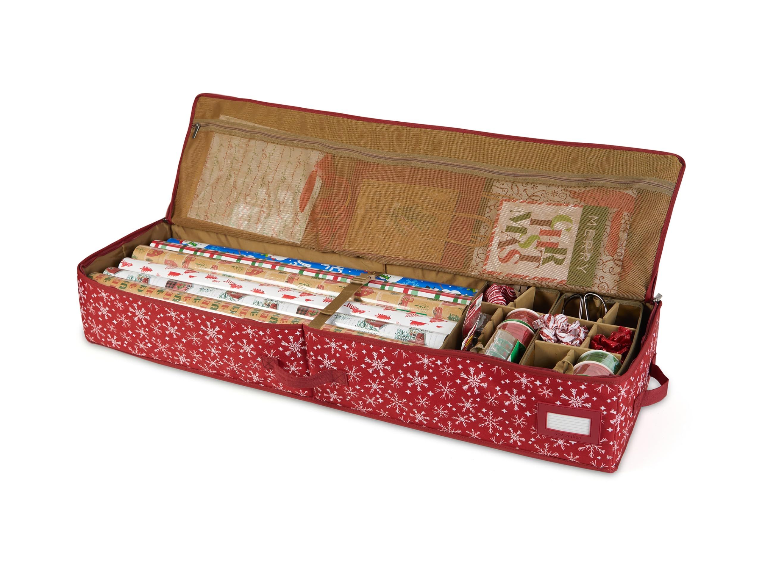 Covermates Keepsakes Gift Wrap Organizer - Holds up to 25 Rolls - Heavy Duty - Accessory Trays with Adjustable Compartments - Mesh Pocket - Holiday Storage, Red Snowflake