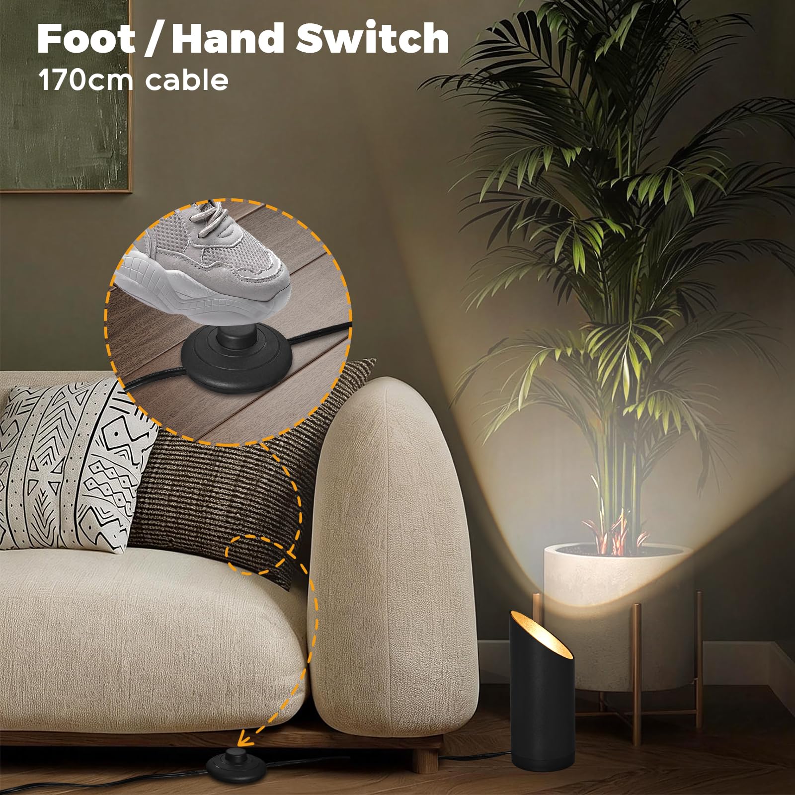 Idealife Lampa podłogowa LED do wnętrz, lampa podłogowa 7 W, 3000 K ciepła biel kryty reflektor LED z żarówką 520LM GU10 LED, reflektor z przełącznikiem nożnym do oświetlenia roślin i sypialni