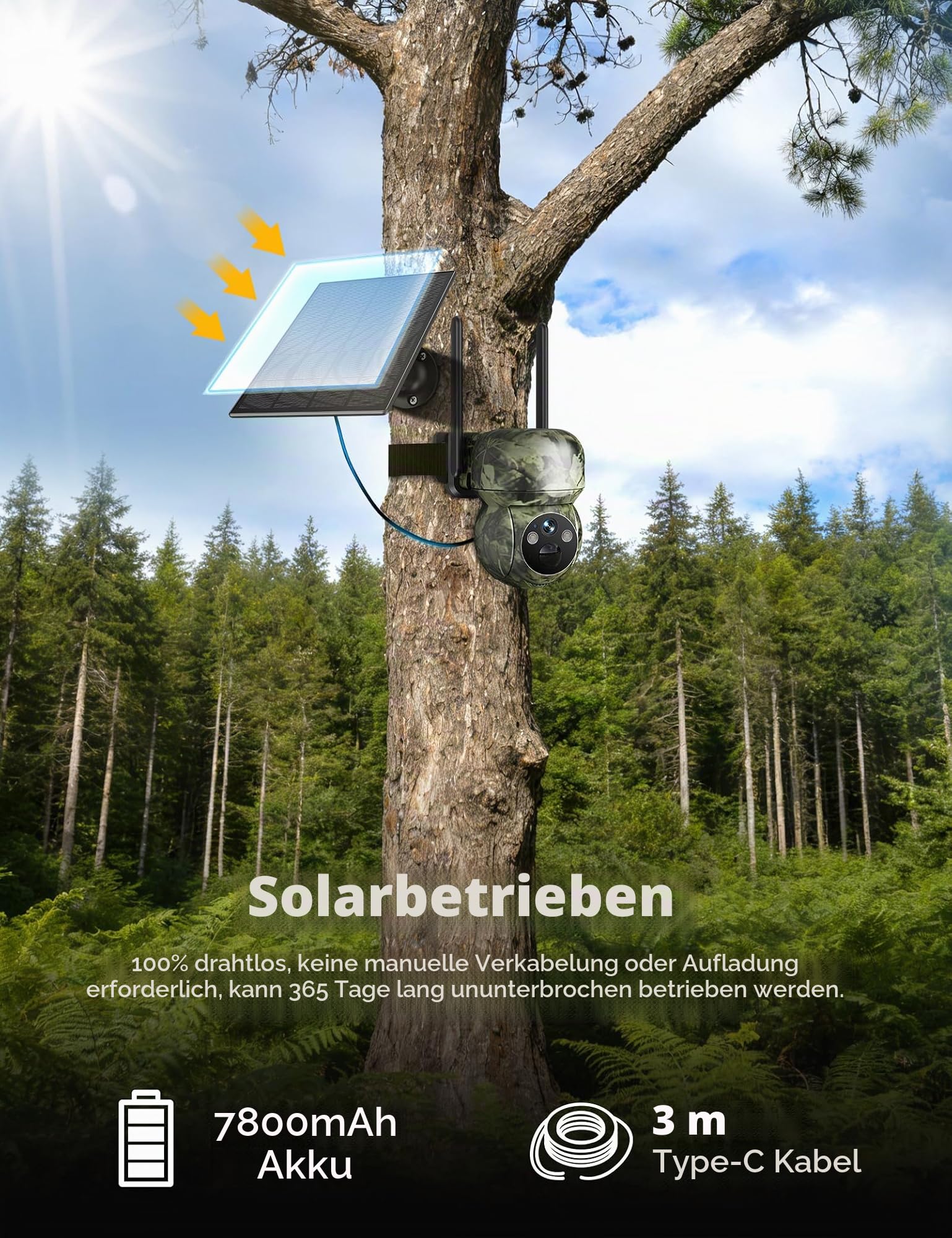 GNCC 4G LTE Wildkamera mit SIM Karte＆32GB SD Karte, 2K Solar Wildkamera mit Handyübertragung App mit Bewegungsmelder Nachtsicht, 300 MB di Dati Gratuiti, IP65 Wasserdicht, Monitoraggio a 360°