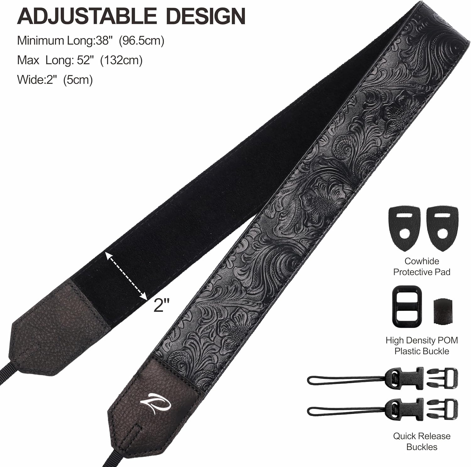 Padwa Lifestyle Camera Strap - 2" Black Faux Leather Carving Camera Straps with Full Grain Leather Ends for Photographers, Vintage Soft Suede Fabric Padded Strap Quick Release fits All Cameras