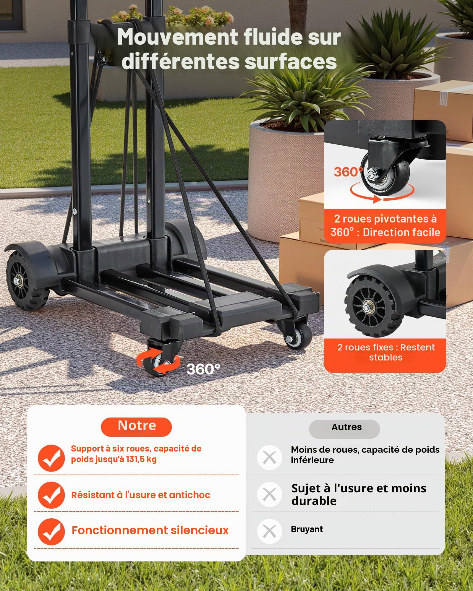 VEVOR Diable Pliant 4 Roues, Chariot à Bagages Pliable, Capacité de Charge 131,5 kg, 2 Cordes Élastiques, Base Extensible, Chariot Utilitaire pour Déménagement, Manutention, à l'Aéroport, Bureau, Noir