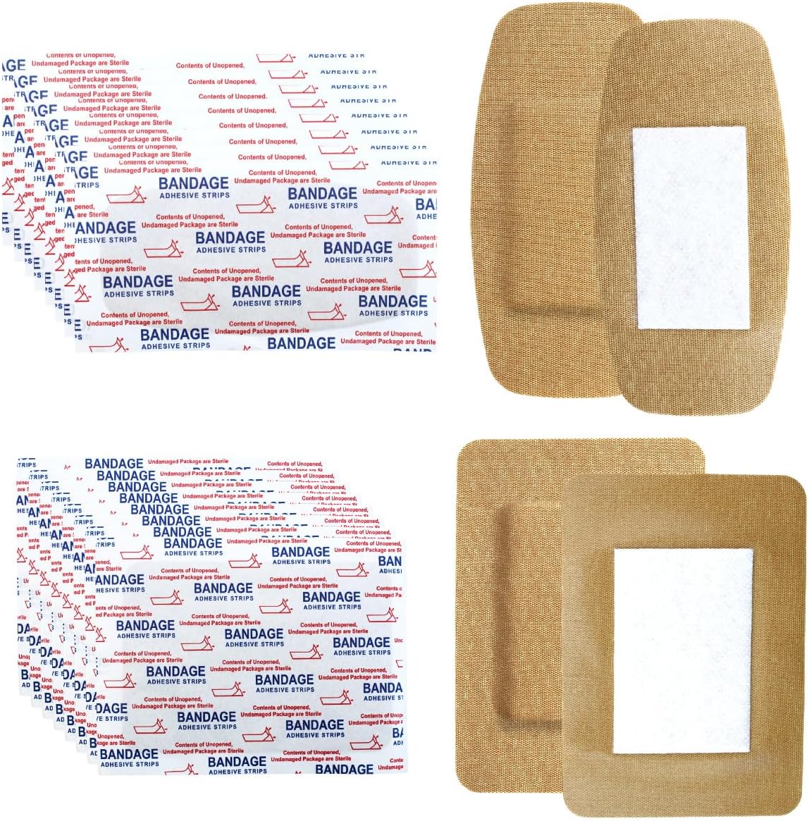 60pcs Sterile Rectangle Bandage Bulk Fabric Adhesive Flexible Bandages Non Stick Breathable Pad 3x4 Inch and 2x4 inch Large Sizes for First Aid Skin Wound Protection Care