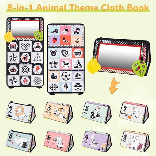 Miniatura 3 de Hamino Juguetes de espejo 3 en 1 para bebé, color blanco y negro, de alto contraste, con libro de tela arrugada, muñeca de tiburón, mordedor