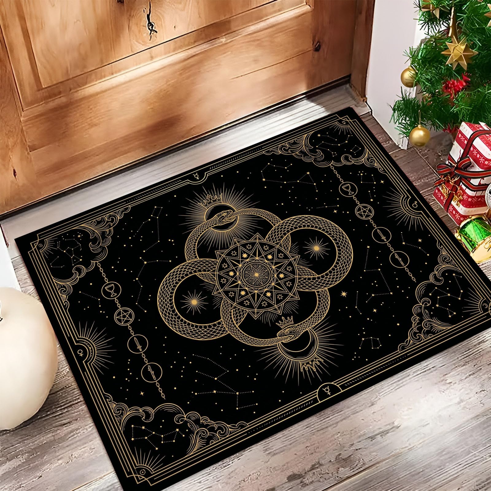 Felpudo Ultrafino Para Interiores,90X150Cm,Constelaciones Animales Misteriosas Alfombra Antideslizante Lavable Para Entrada,Tarot Cielo Estrellado Retro Felpudo De Perfil Bajo,Atrapa Suciedad,Negro
