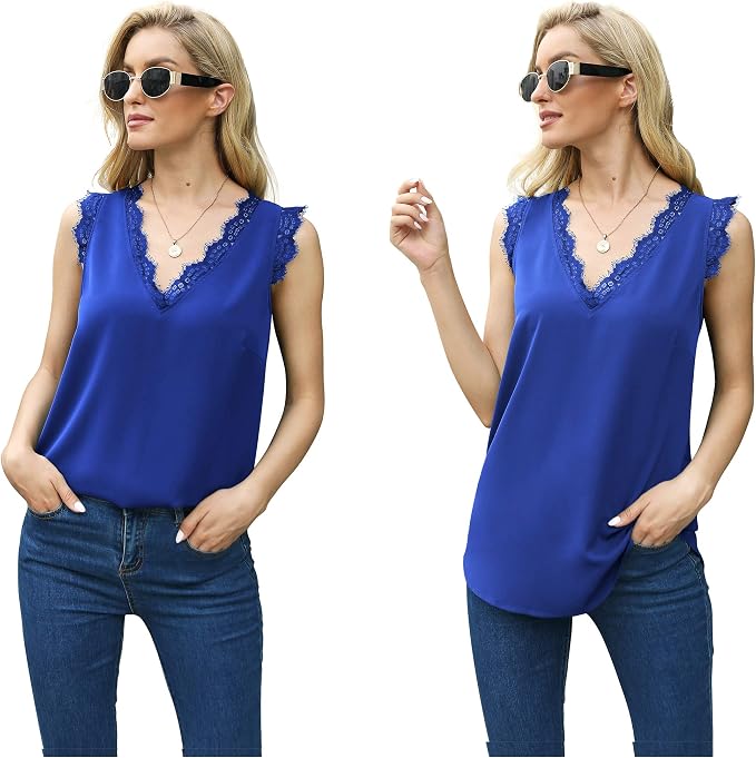 VIISHOW Women Lace Trim Sleeveless Chiffon Blouse Chiffon blouse,sexy v neckline, sleeveless, pretty lace trim