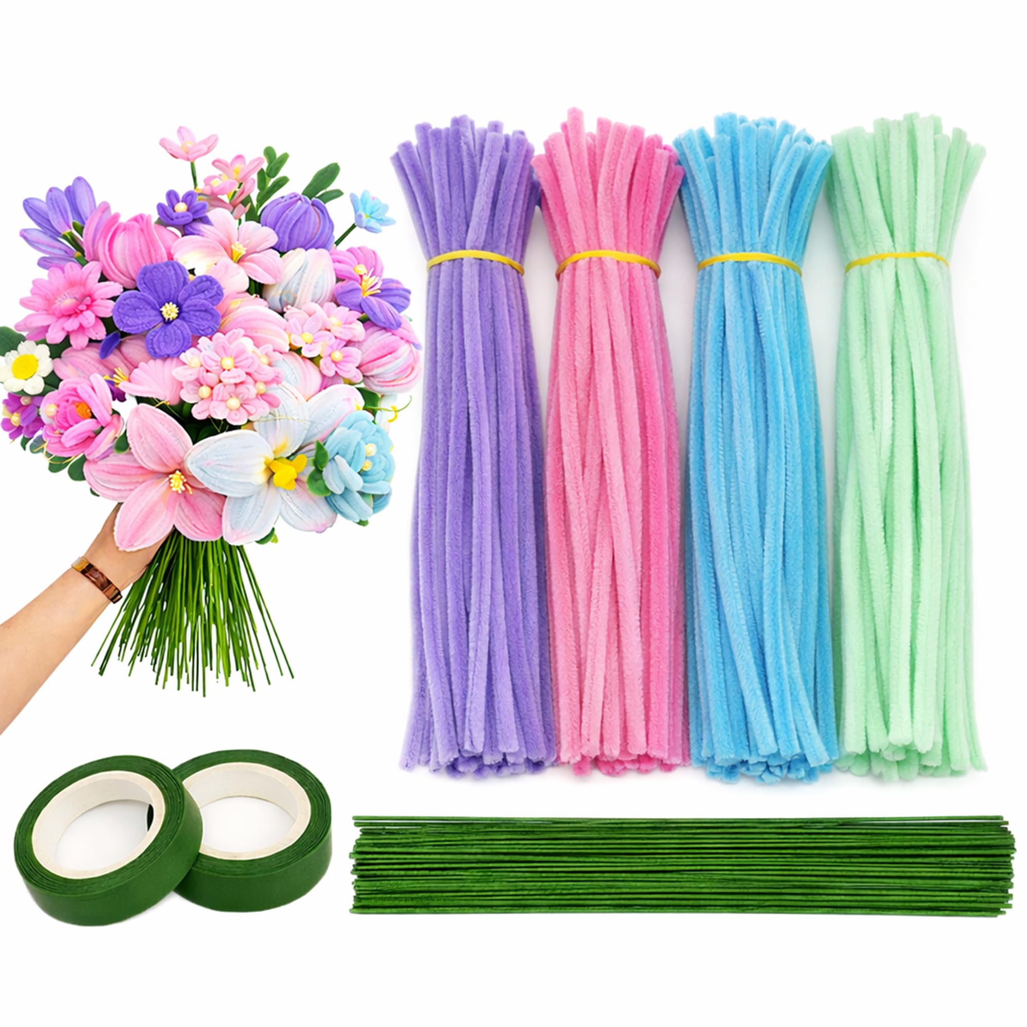 Asian Hobby Crafts 200+ Pcs Pastel Pipe Cleaners for Craft Flowers Fuzzy Chenille Stems & Fluffy Sticks with Floral Tape & Wire for Kids Arts & Craft, School Supplies, Home & Party Decor