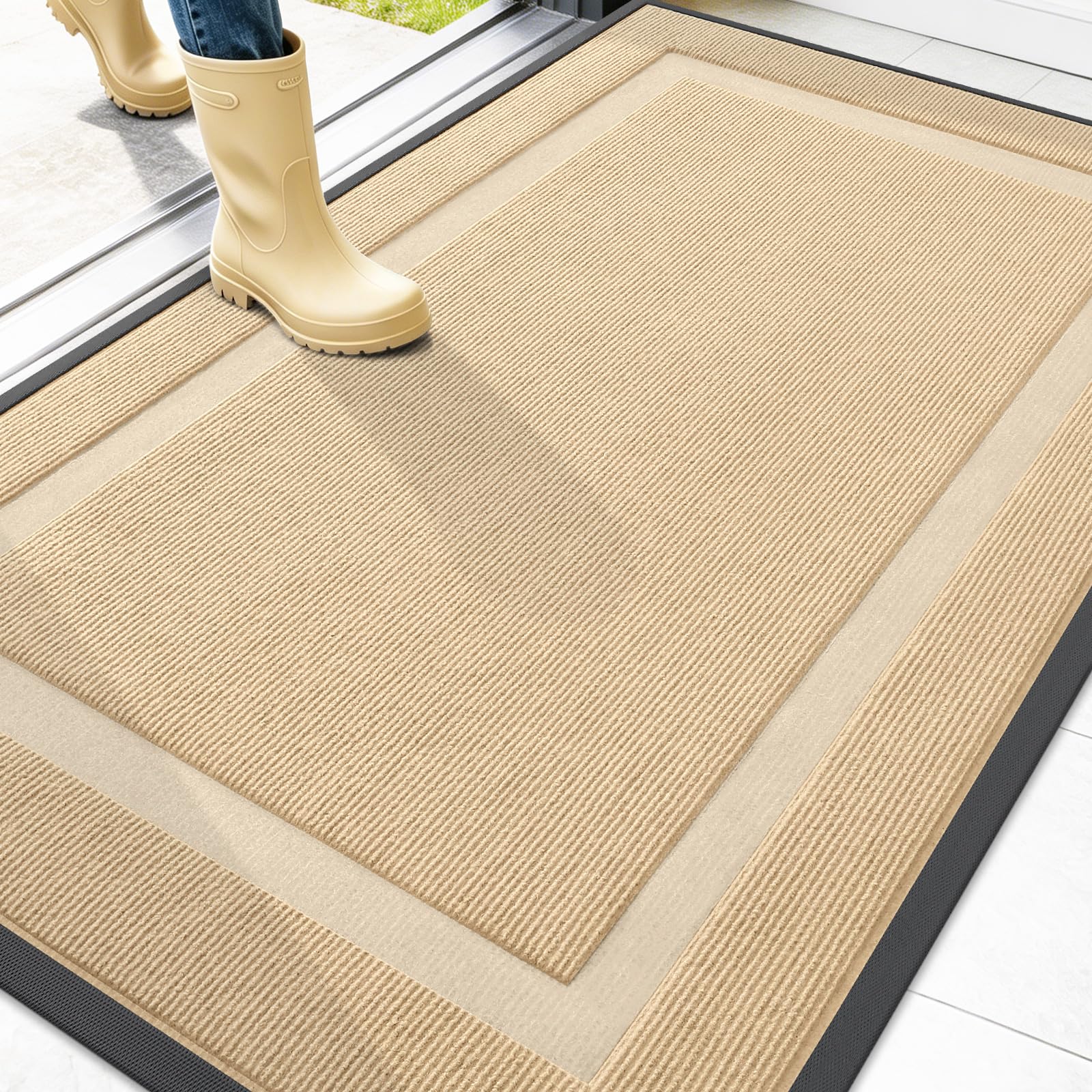 OLANLY Front Door Mat Outside 47x30, All-Season Heavy-Duty Rubber Doormat | Beige, Absorbent, Stain and Fade Resistant, Waterproof Non-Slip Backing, Low-Profile Indoor Outdoor Floor Mat for Entryway