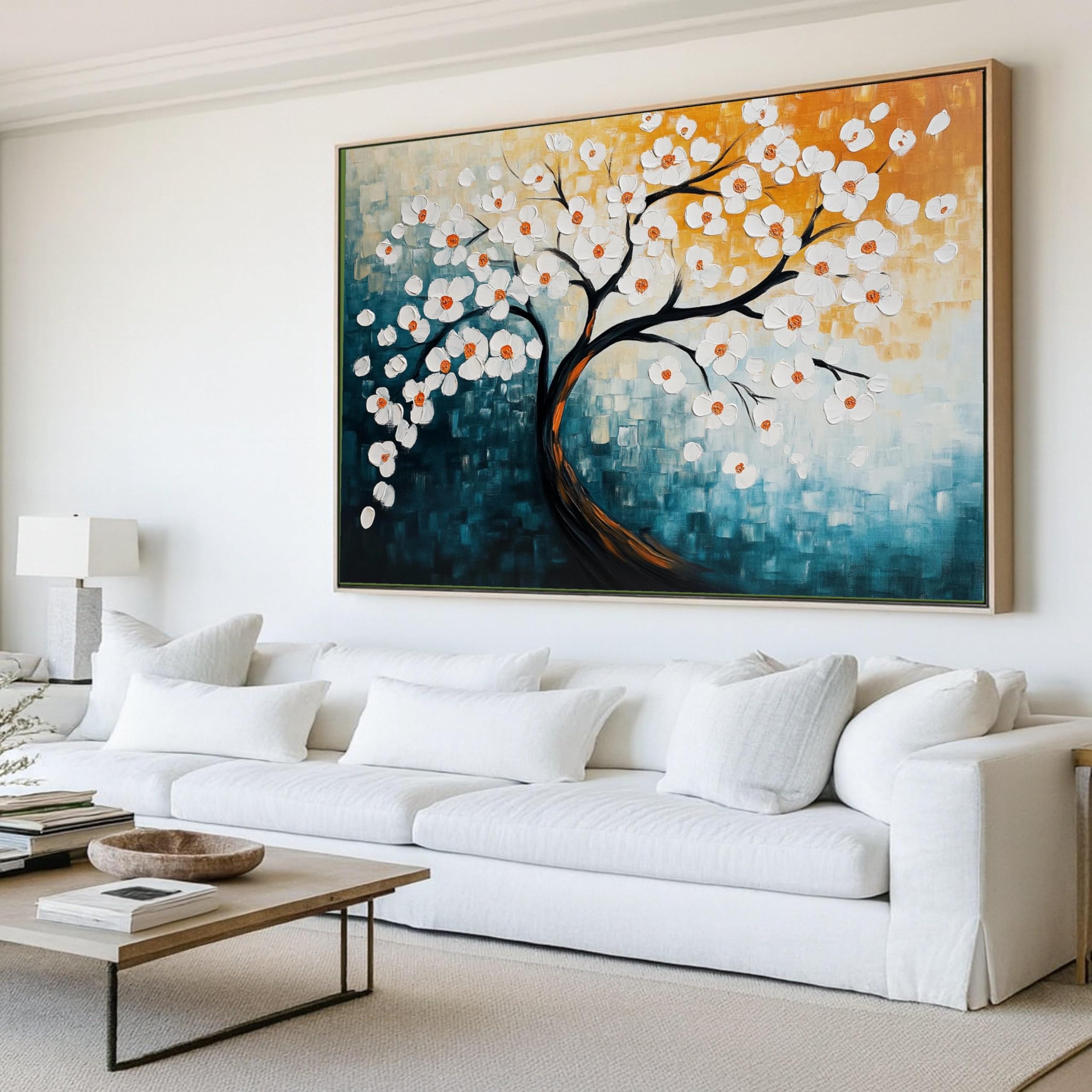 Décoration intérieure moderne style abstrait bleu or avec arbre à fleurs - 8