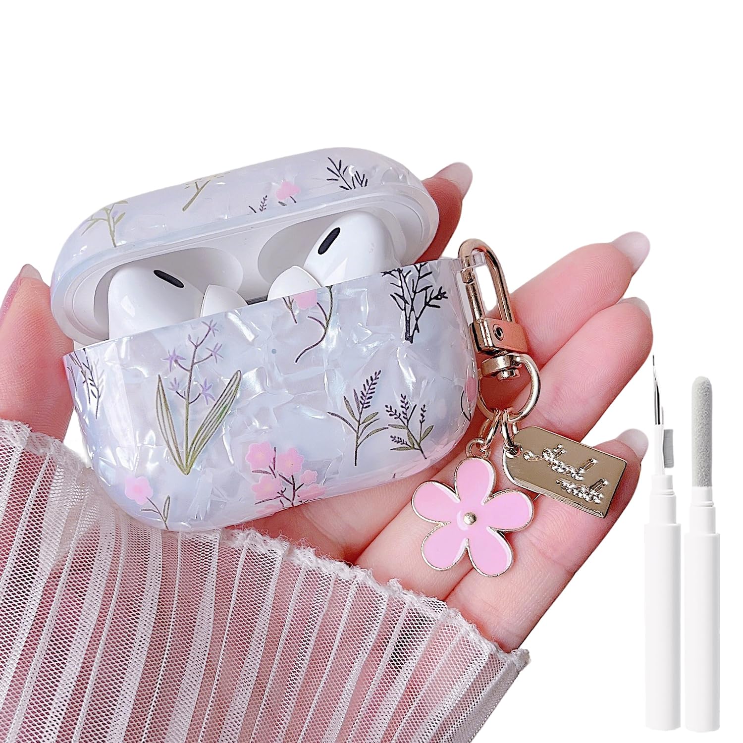 MINSCOSE for Cute Glitter AirPods Pro 2nd/1st Generation Case,Shell Pattern Pretty Flower Design with Trendy Floral Keychain,Soft TPU Protective Cover with Cleaner Kit for AirPods Pro/Pro 2-Colorful
