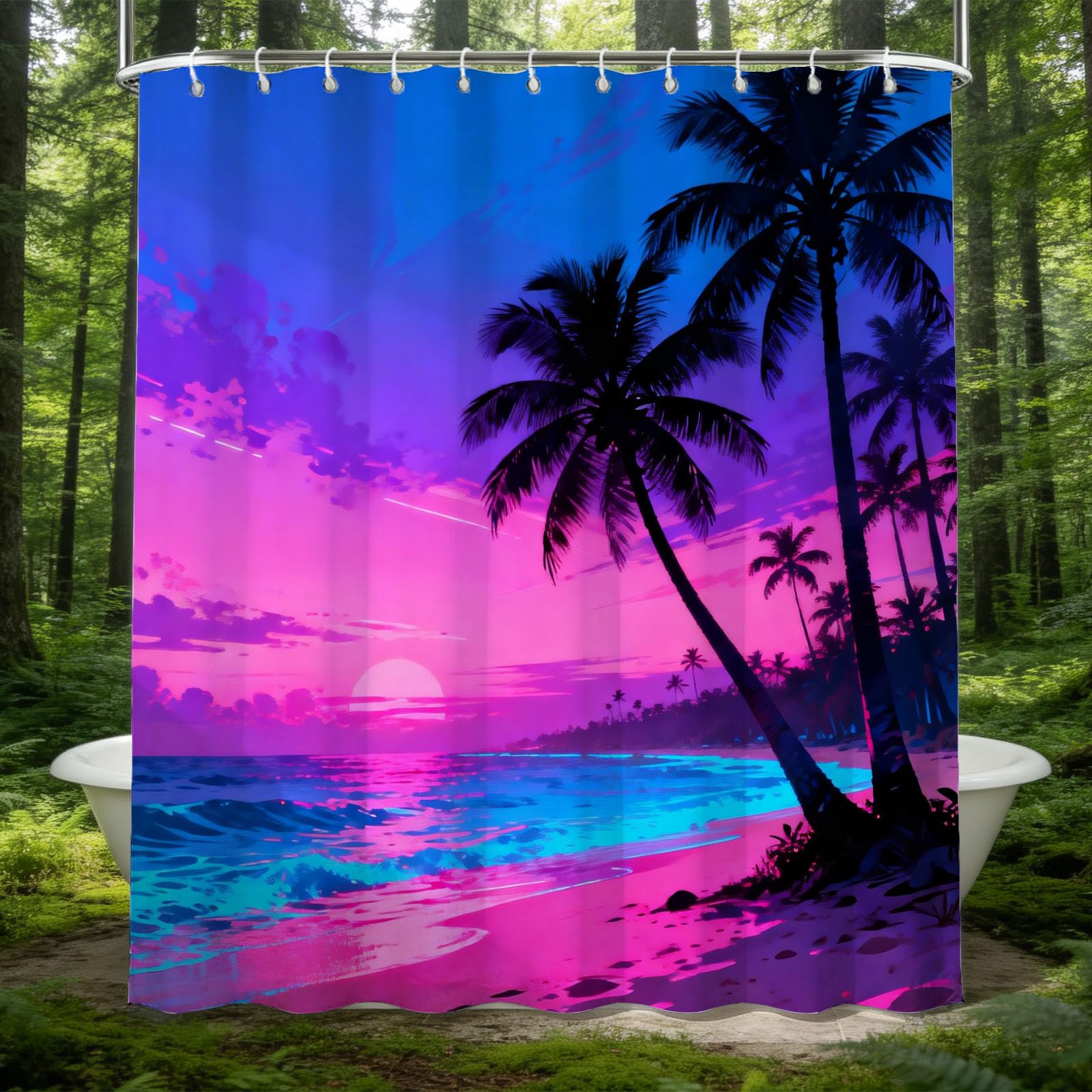 Hongduo White 3D Beach Scenery Shower Curtain For Stalls Bathtubs Abstract Art Bathroom Decor Shower Curtain Set Polyester Fabric Waterproof 120X180cm/48X71 Inch With Hooks