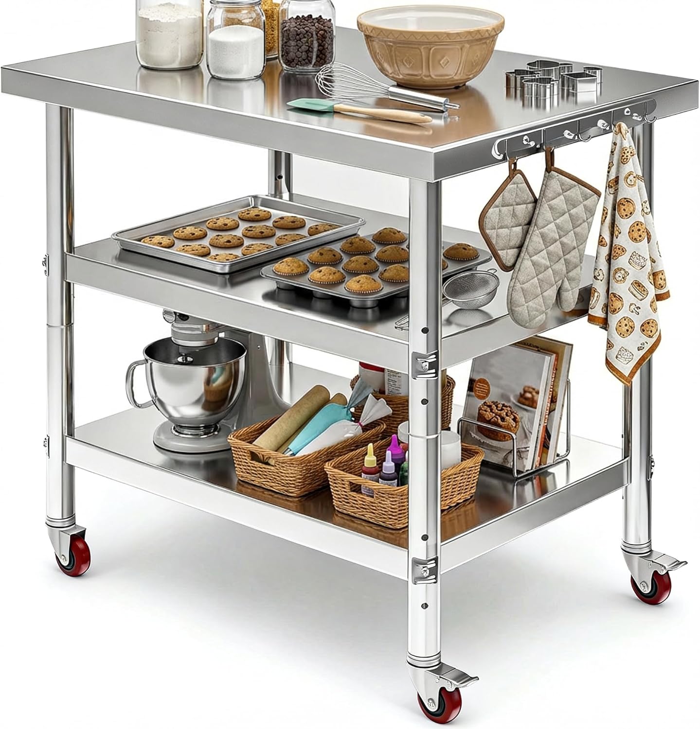 DWVO 36x24in Stainless Steel Table, NSF Metal Prep Worktable with 2 Adjustable Shelves & Wheels for Kitchen Restaurant Hotel Garage Warehouse Home