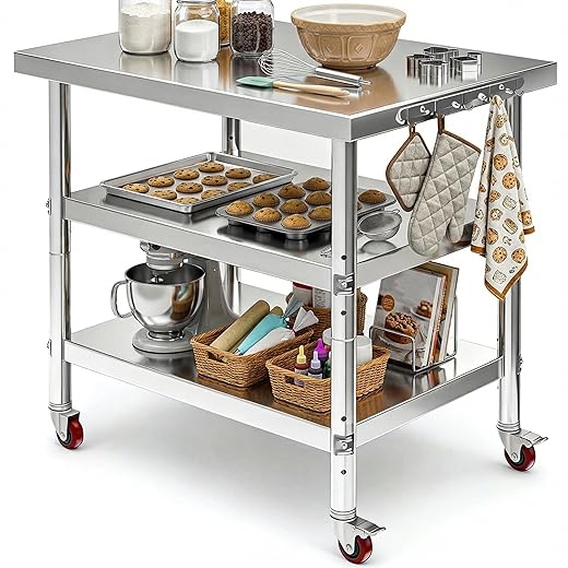 DWVO 36x24in Stainless Steel Table, NSF Metal Prep Worktable with 2 Adjustable Shelves & Wheels for Kitchen Restaurant Hotel Garage Warehouse Home