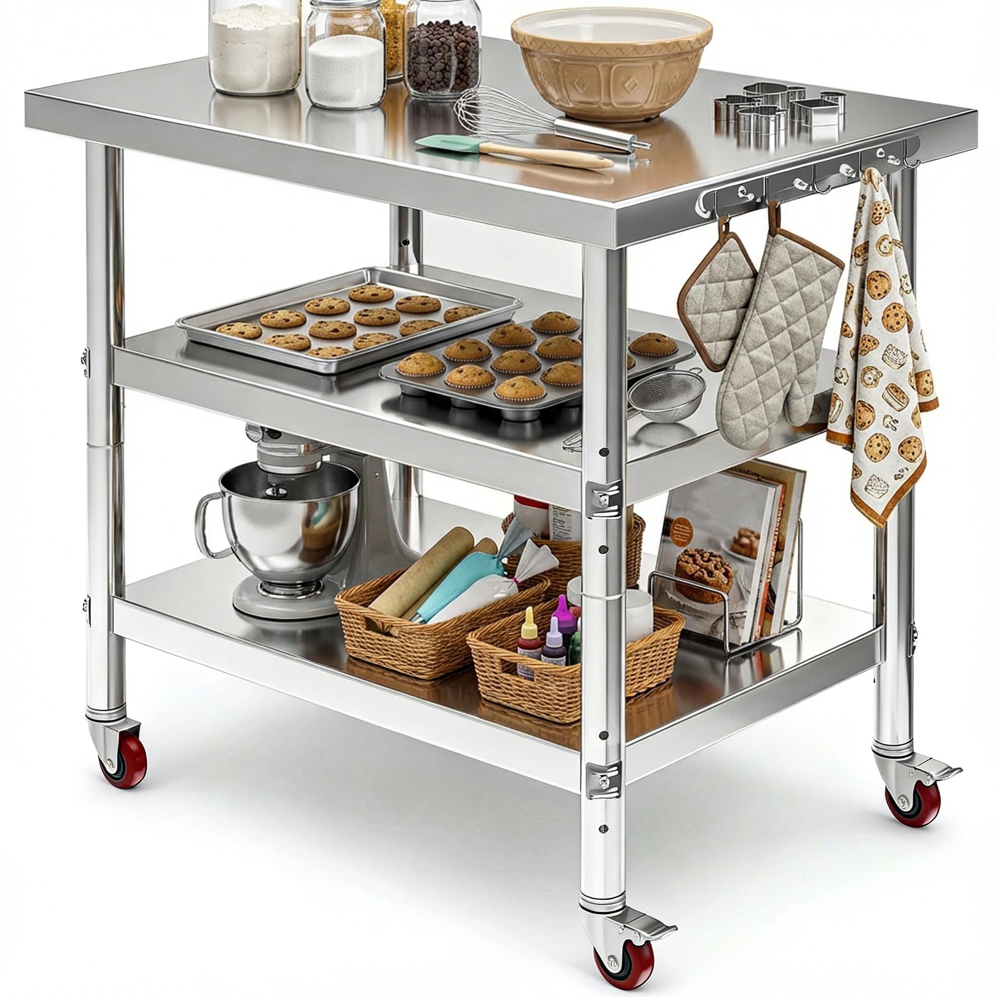 DWVO 36x24in Stainless Steel Table with Wheels &amp; 2 Adjustable Shelves
