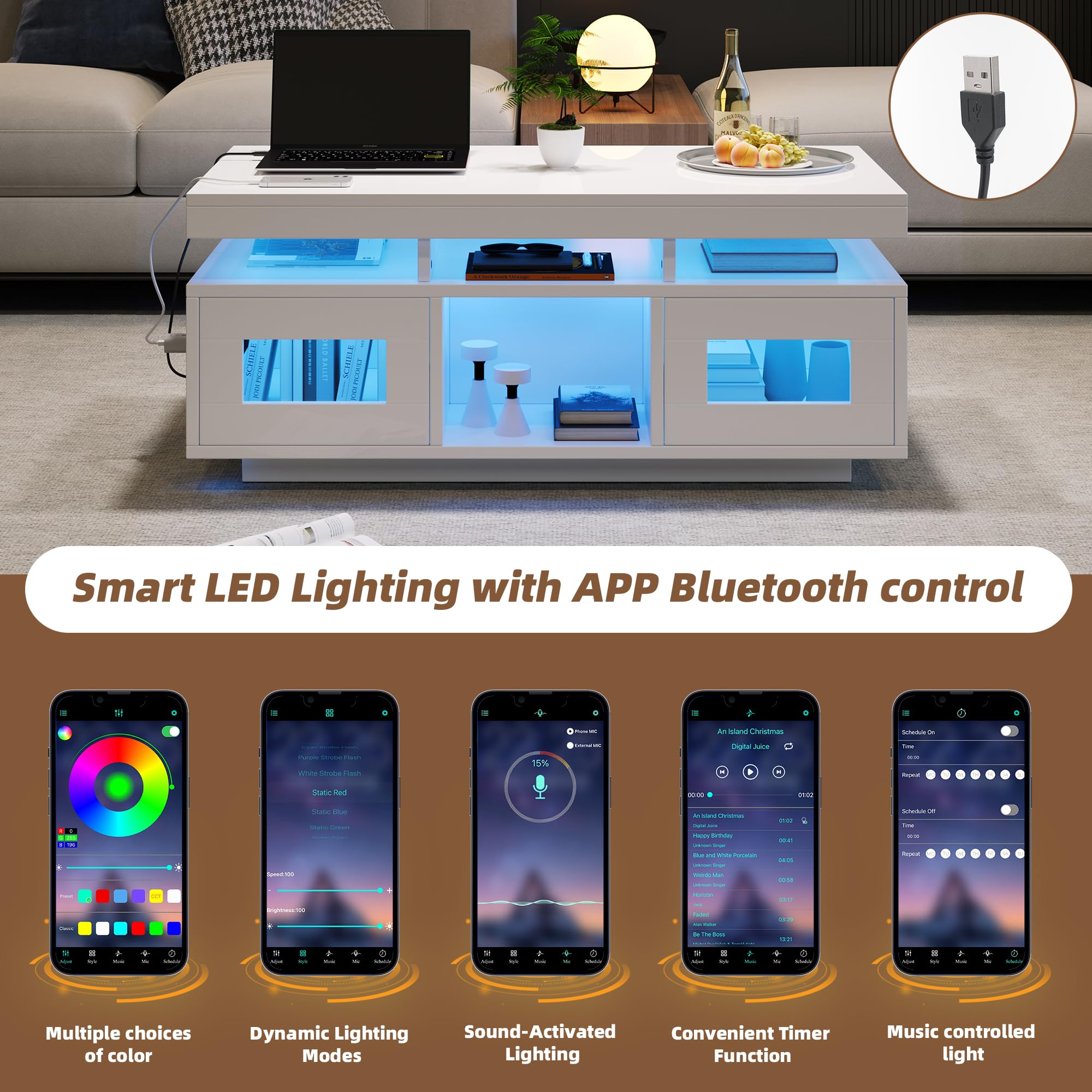 100 × 50 × 43 cm, mesa de centro brillante, con luces LED controlables mediante aplicación móvil, mesa de salón con armario, mesa de sofá con puerto de carga y enchufe, adecuada para oficina, estudio
