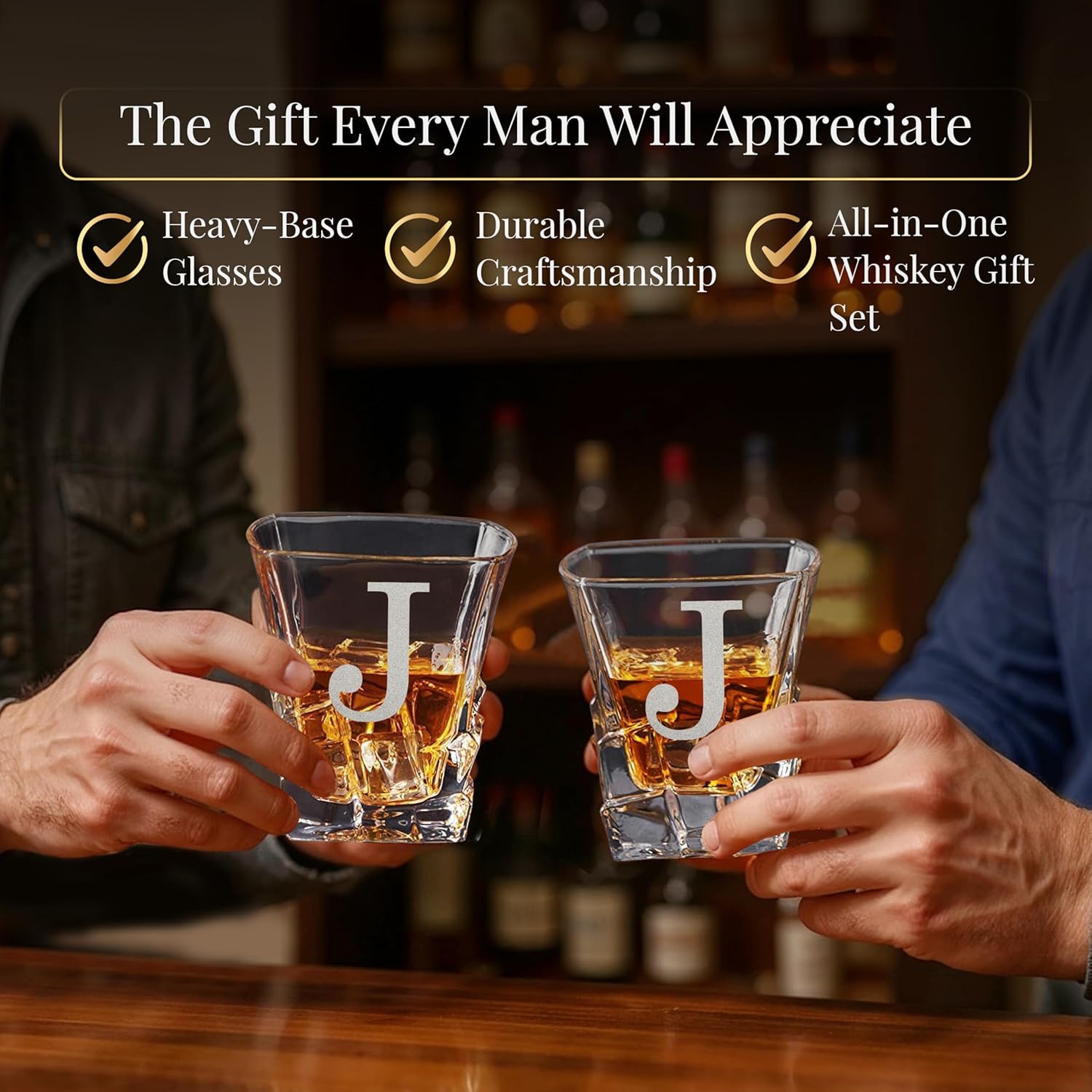 Custom Engraved Monogram Since Year Chunky Heavy Liquor/Bourbon Decanter with Glasses, Whiskey Stones, Coasters, Tongs & Wood Box, Premium Whiskey Gift Set for Men, Husband, Dad