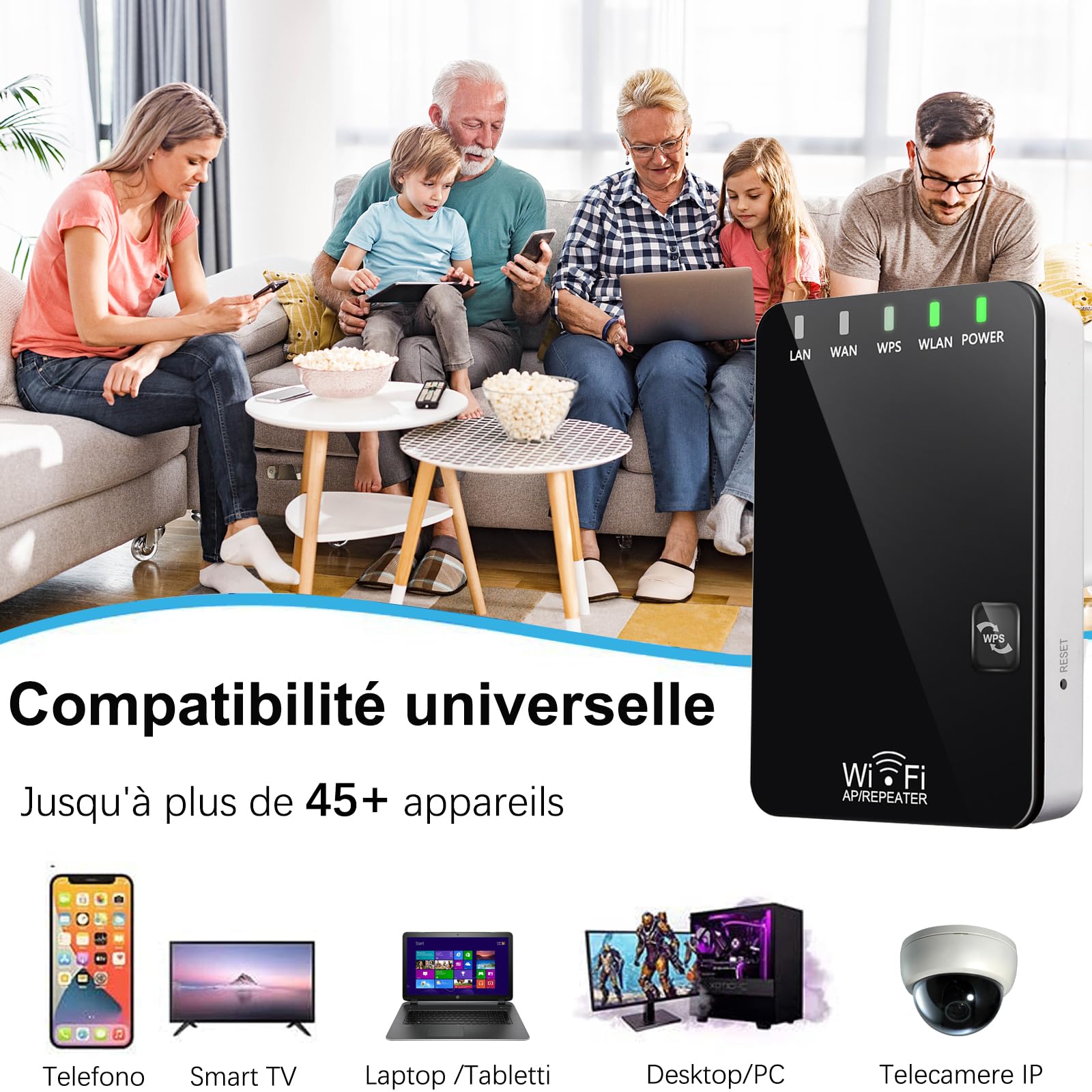 Répéteur WiFi Amplificateur WiFi 300Mbps 2.4GHz, Mini WiFi Extender, WiFi Booster,Supprimez Les Zones Mortes, Antennes Interne, 2 Port Ethernet, WPS, Compatible avec Toutes Les Box Internet