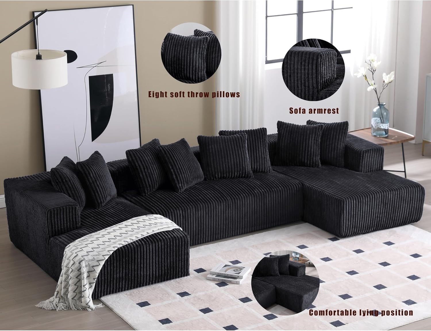 Spacious and Stylish U-Shaped Modular Sectional Sofa, 4 Seater, Chaise Lounge, Striped Fabric, Black