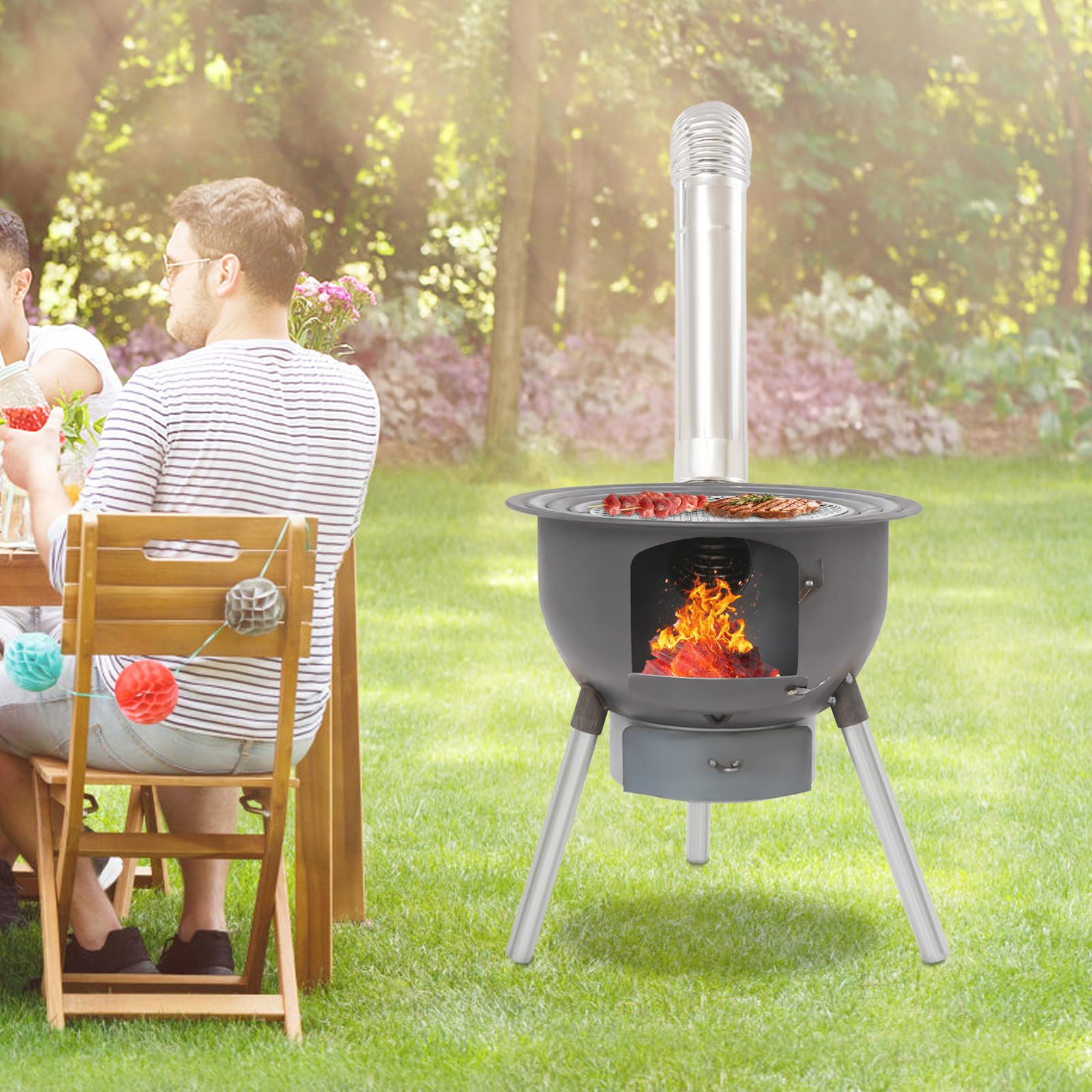 Poêle à bois de camping, portable, multifonction, avec cendrier, 48 x 52 cm, tout-en-un avec grille de cuisson et 3 anneaux de wok