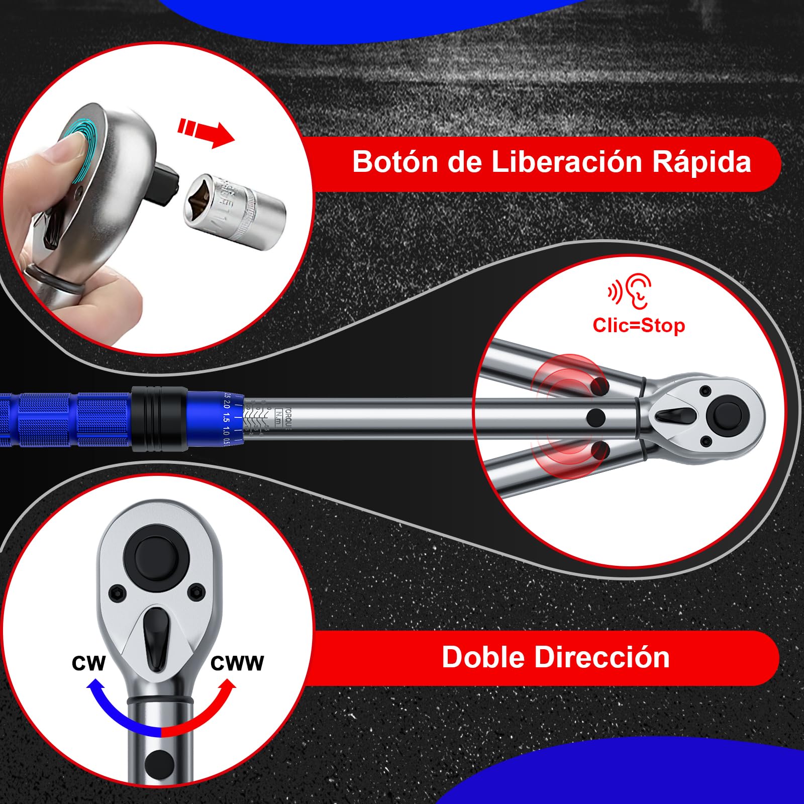 MOCINE Llave Dinamométrica 3/8", 5-60 Nm Llave de Torqu, Bicicleta, Moto,Bujías Set, 13 piezas, Con barra de extensión de 250 mm, adaptador de 3/8" a 1/2" y 1/4", Magnética de Bujía