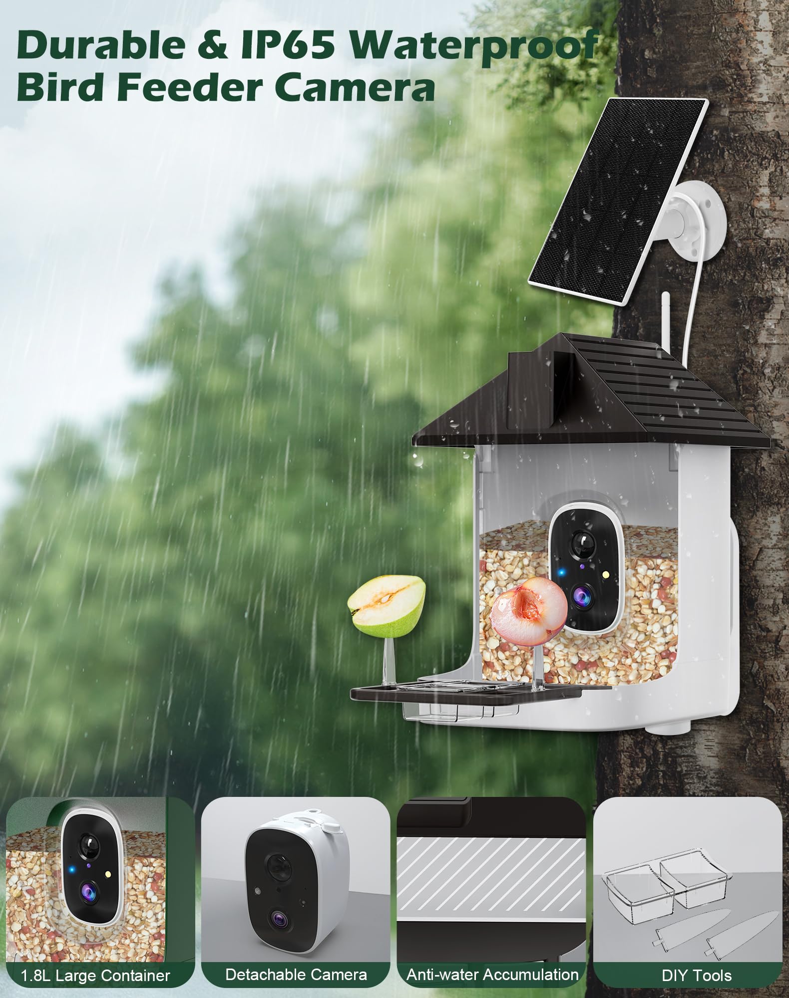Smart Vogelfutterstation mit Kamera, 5200 mAh Akku mit Solarpanel, 2K native Auflösung Live-Ansicht, KI-Artenidentifizierung, automatische Erfassung und sofortige Ankunftswarnung, ideales Geschenk für