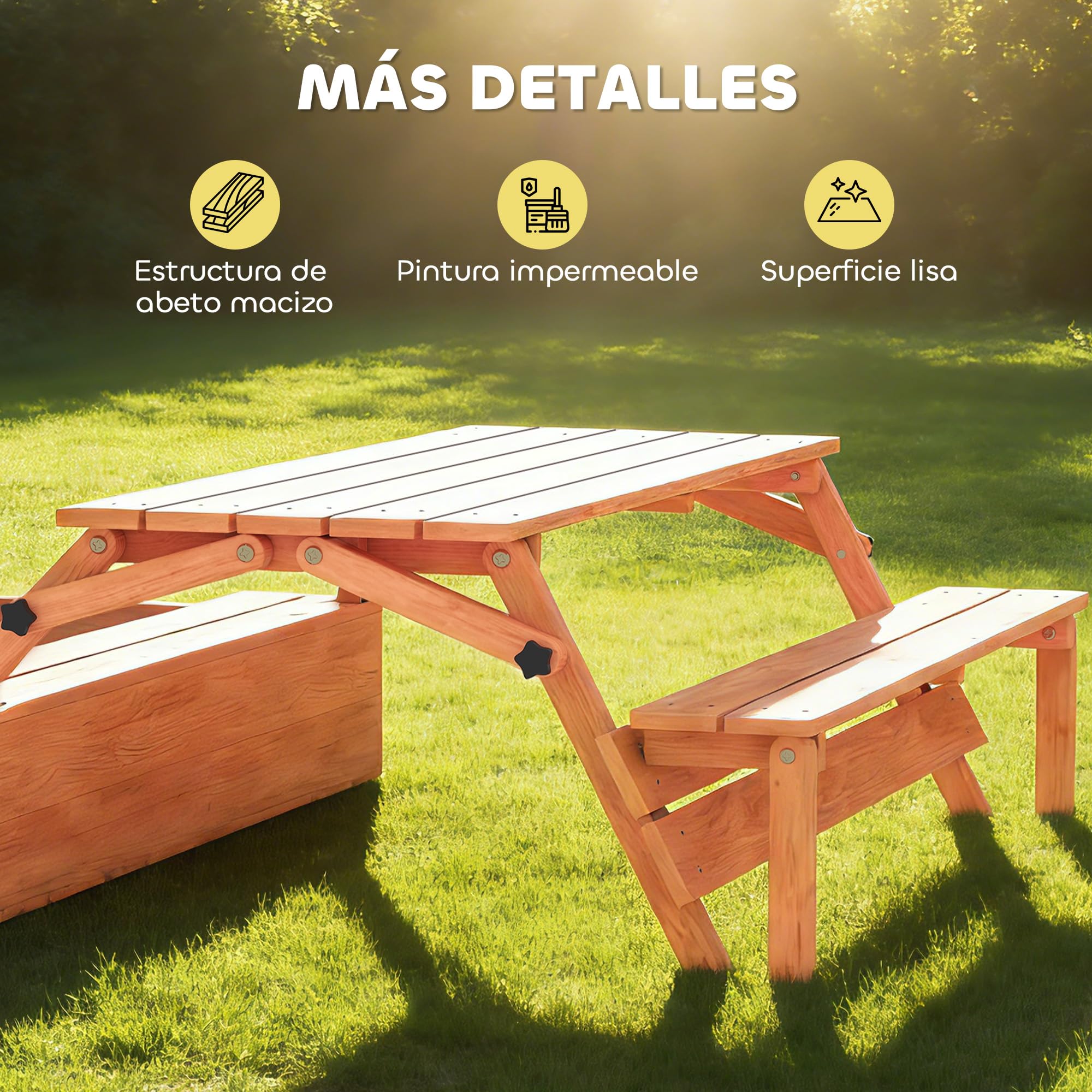 AIYAPLAY Arenero para Niños de Madera con Toldo Ajustable, Mesa Plegable de Picnic con Banco, Cubierta, 184x110x120 cm, Marrón