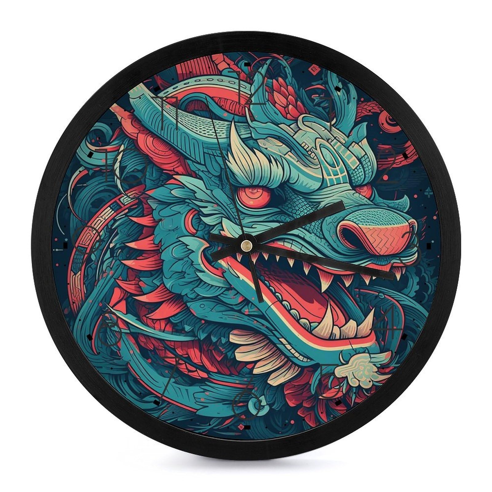 Horloge murale sans tic-tac grand cadran lisible imprimé dragon