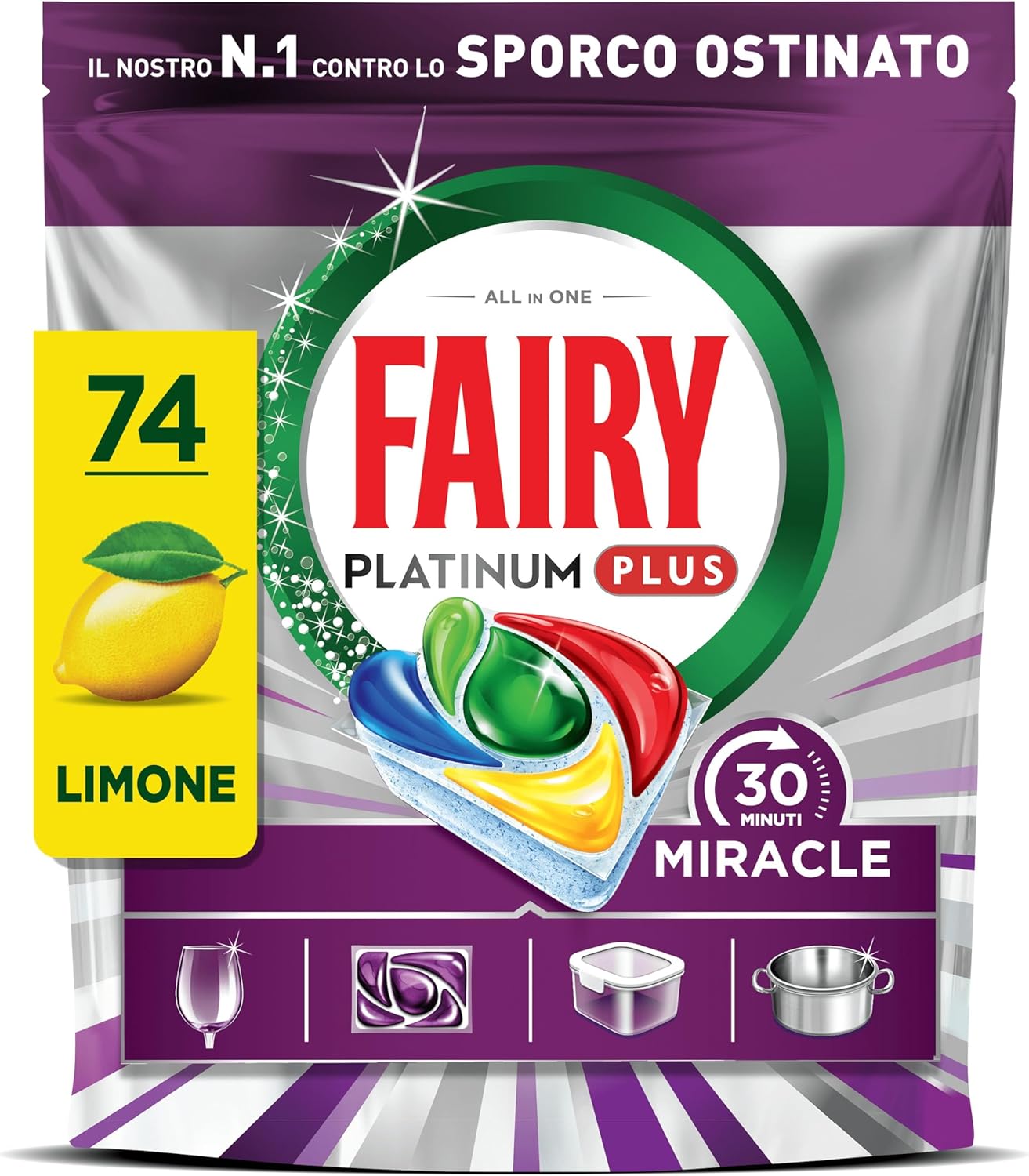 Fairy 30 Minuti Miracle Detersivo Pastiglie Lavastoviglie, 74 Capsule, Limone, Il Nostro N.1 Contro Lo Sporco Ostinato, Potente Anche Nei Cicli Brevi, MEGA Pack