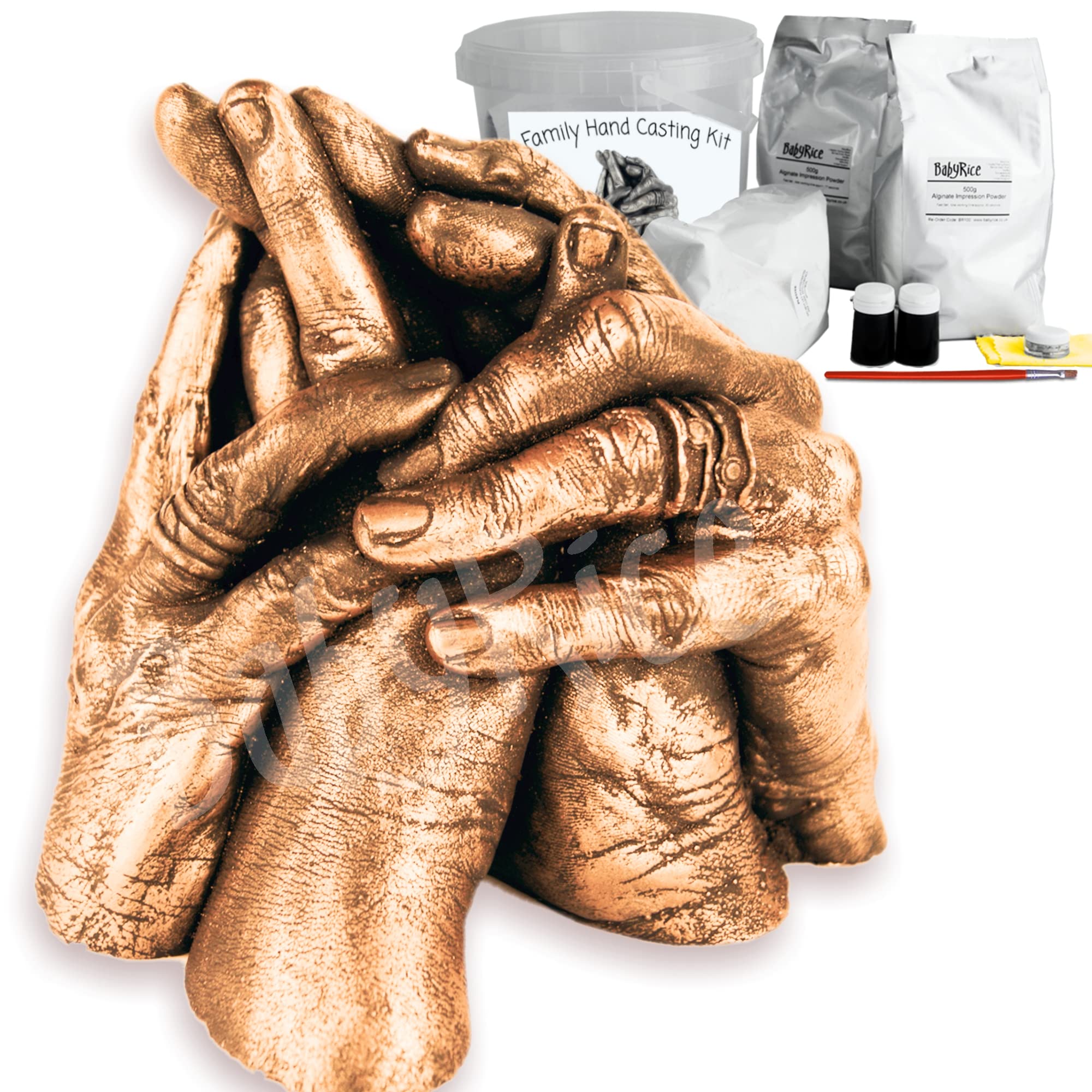Family Hands Casting Kit Gift, 1kg Alginate, 1kg Stone Plaster, 5L Clear Container, Copper Paint Finish, Easy Instructions - BabyRice UK (Copper)