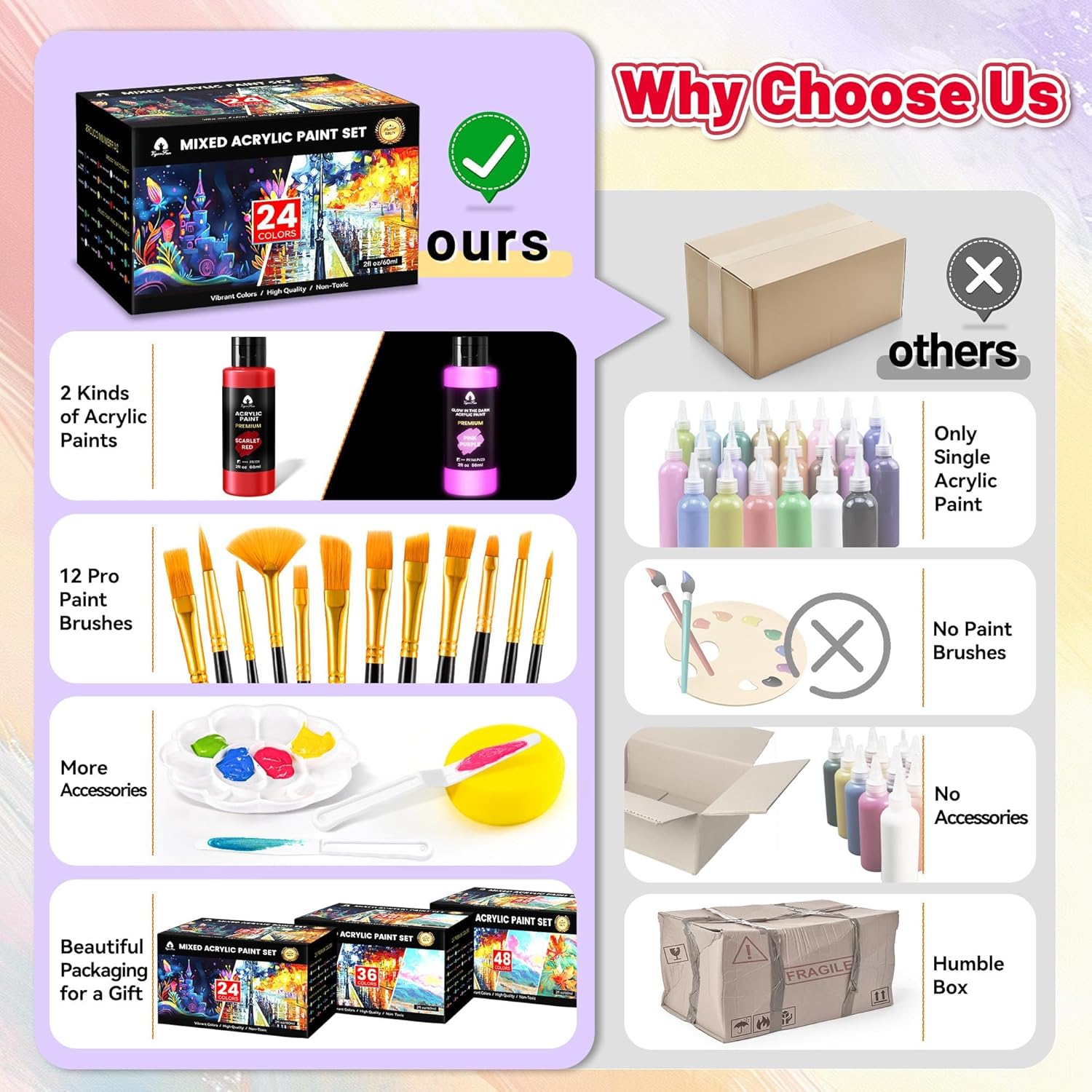 40 Pcs Classic & Glow in the Dark Acrylic Paint Set with 12 Brushes, 2 Knives & Palette, 24 Colors (2oz/60ml) - for Adults, Kids, Artists & Beginners - Canvas Ceramic Rock Wood Egg Painting Kit