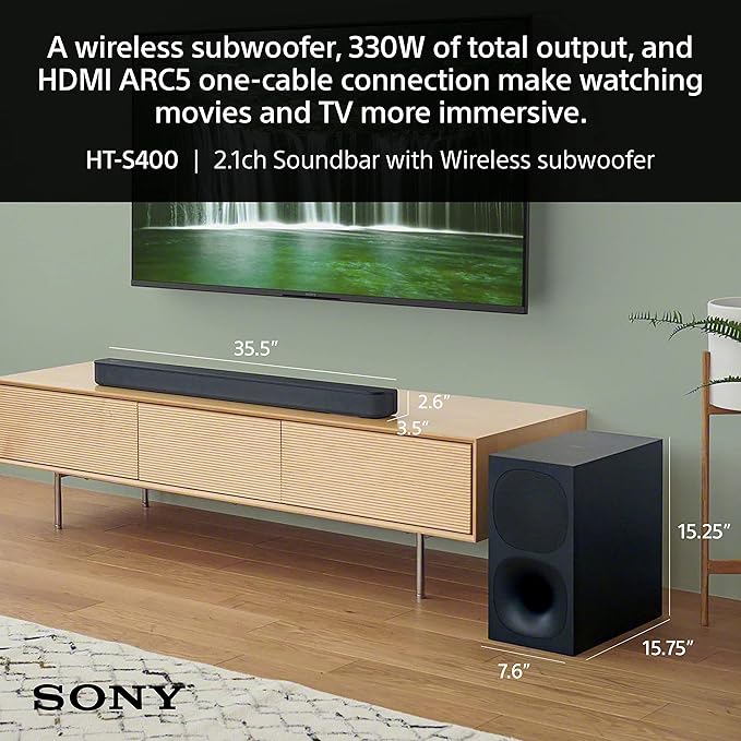 Sony HT-S400 2.1ch Soundbar with Powerful Wireless subwoofer, S-Force PRO Front Surround Sound, and Dolby Digital, Black