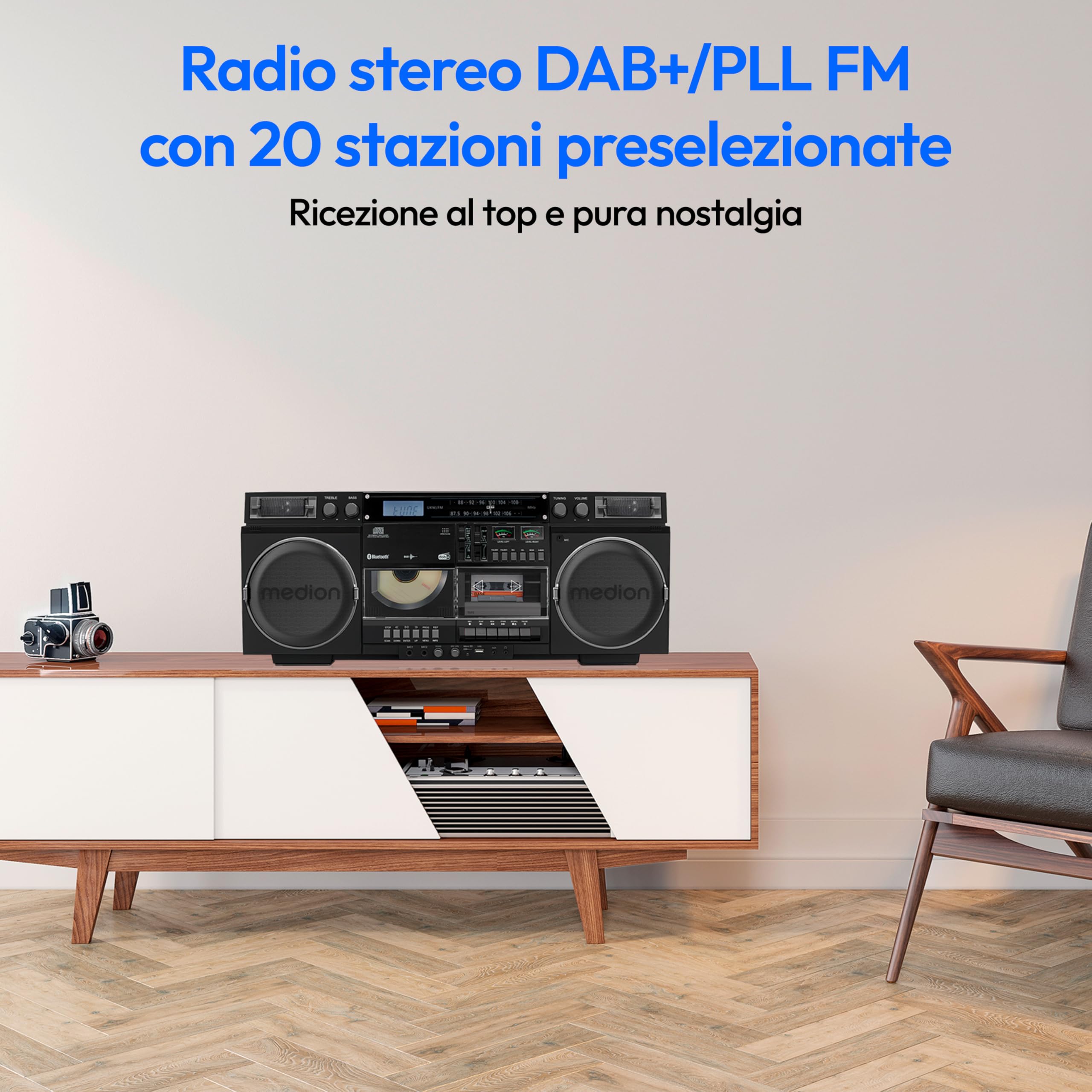 MEDION Registratore a cassette P66538 Ghetto Blaster retrò con lettore CD, Bluetooth, DAB+, USB, SD