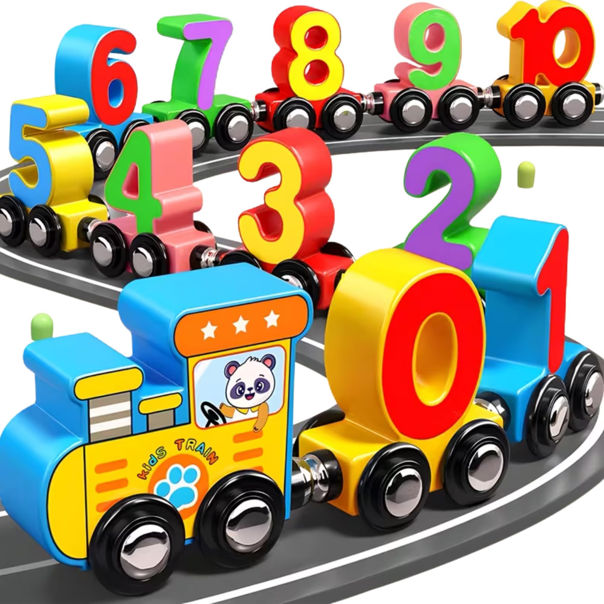 Magnetic Wooden Alphabet & Number Train Blocks Set – 9 Wooden Train Carriages with Engine, & Counting Educational Toy, Interactive Preschool Learning for Kids (NUMERIC TRAIN)
