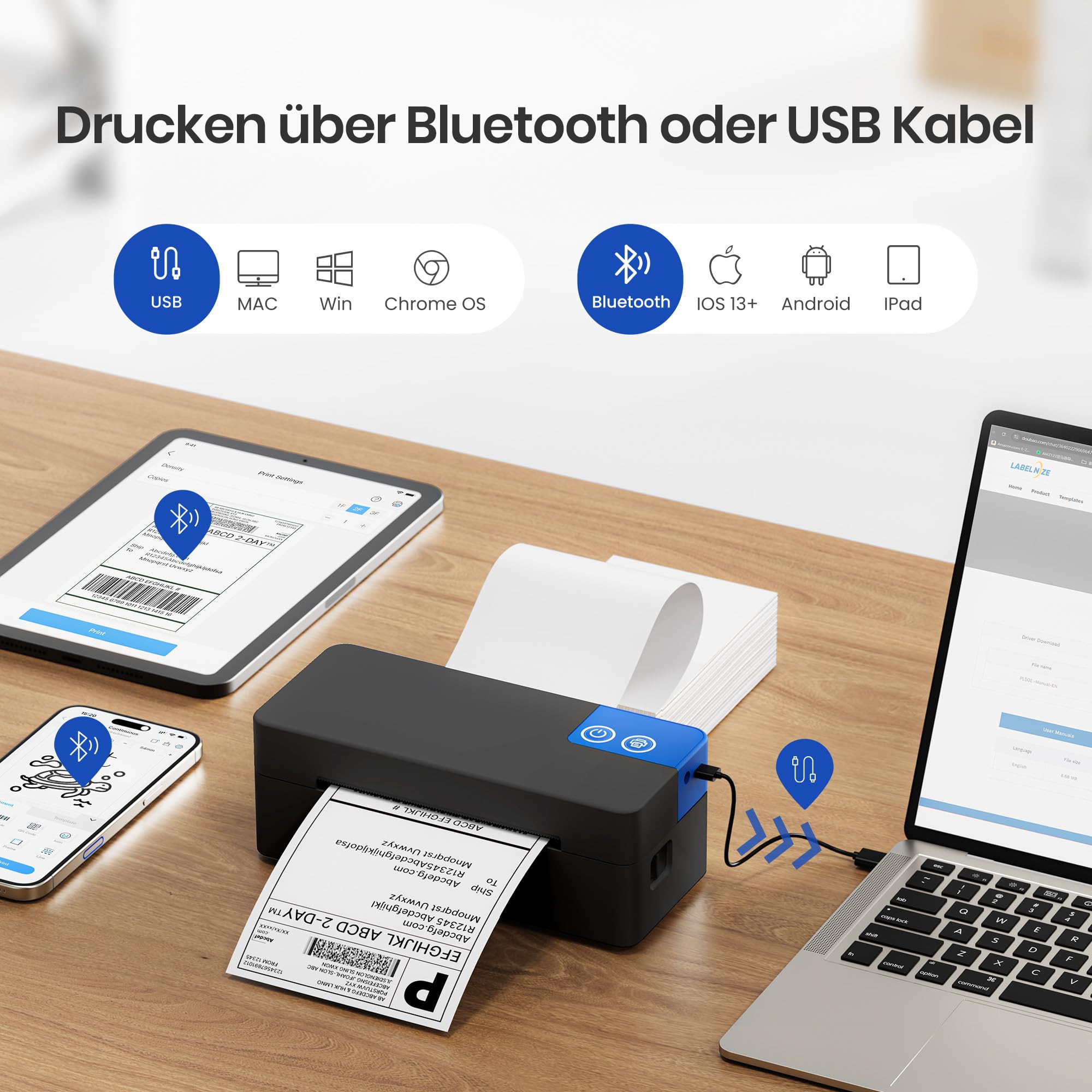 Bluetooth Etikettendrucker DHL, Thermodrucker 4x6 Versandetiketten Drucker, Shipping Label Printer Labeldrucker ohne Tinte für iOS Android Windows Mac, kompatibel mit UPS Shopify Etsy Amazon