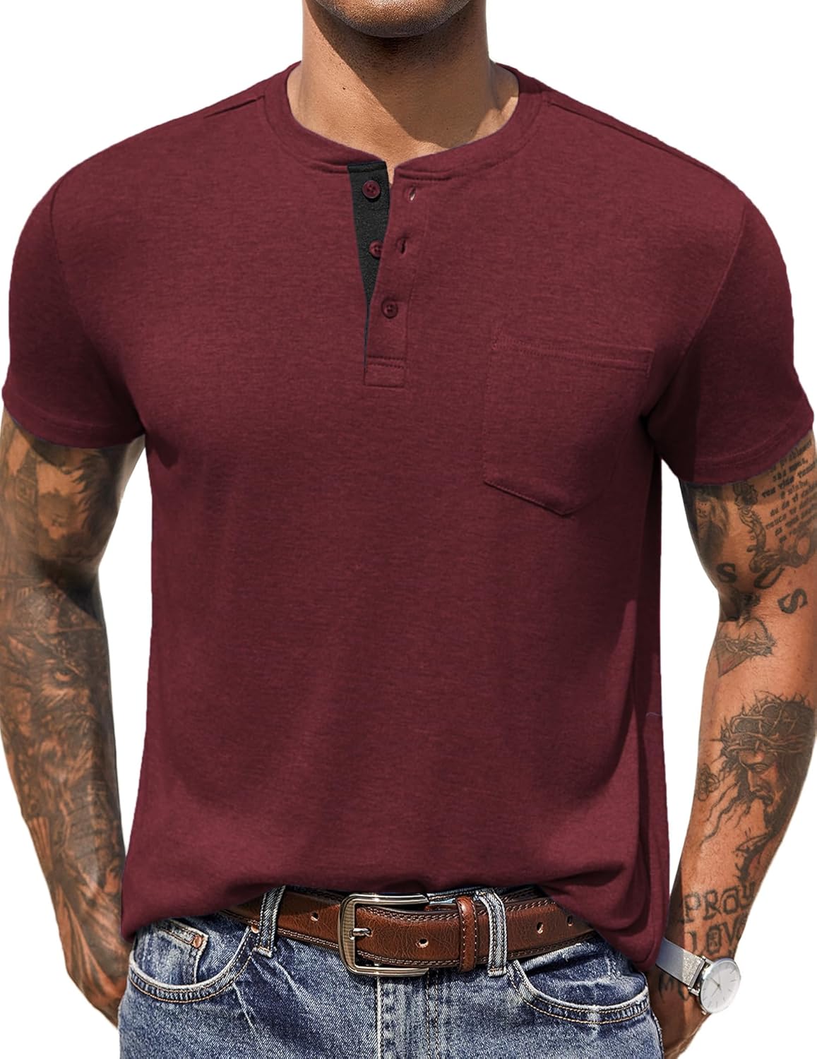 COOFANDY Men's Henley Shirts Short Sleeve Button T Shirt Casual Summer Basic Tee Tops with Pocket