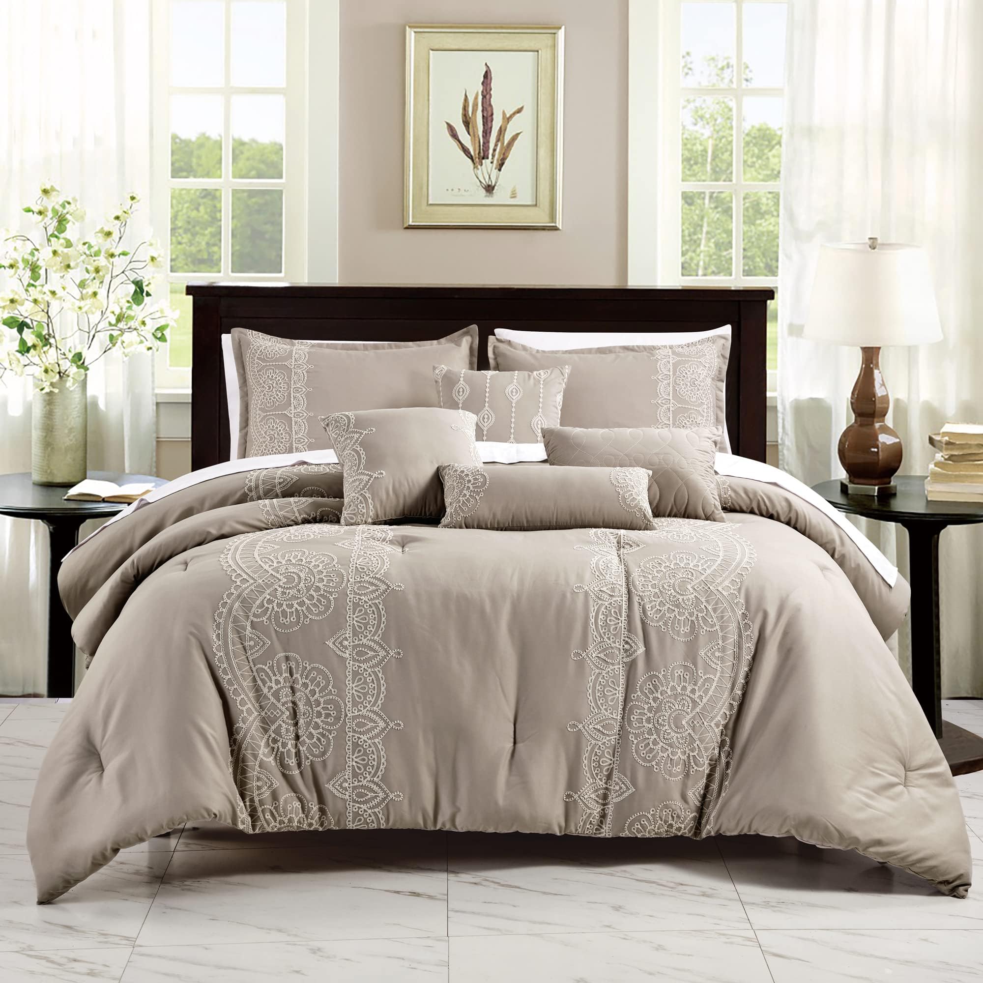 Sapphire Home Luxury 7 Piece Full/Queen Comforter Set with Shams Cushions, Modern Pinched Tuck Bright Khaki-Taupe & White Elegant & Classy Embro Designs, Bed Cover Bed in a Bag, (22190V, Marie, F/Q)