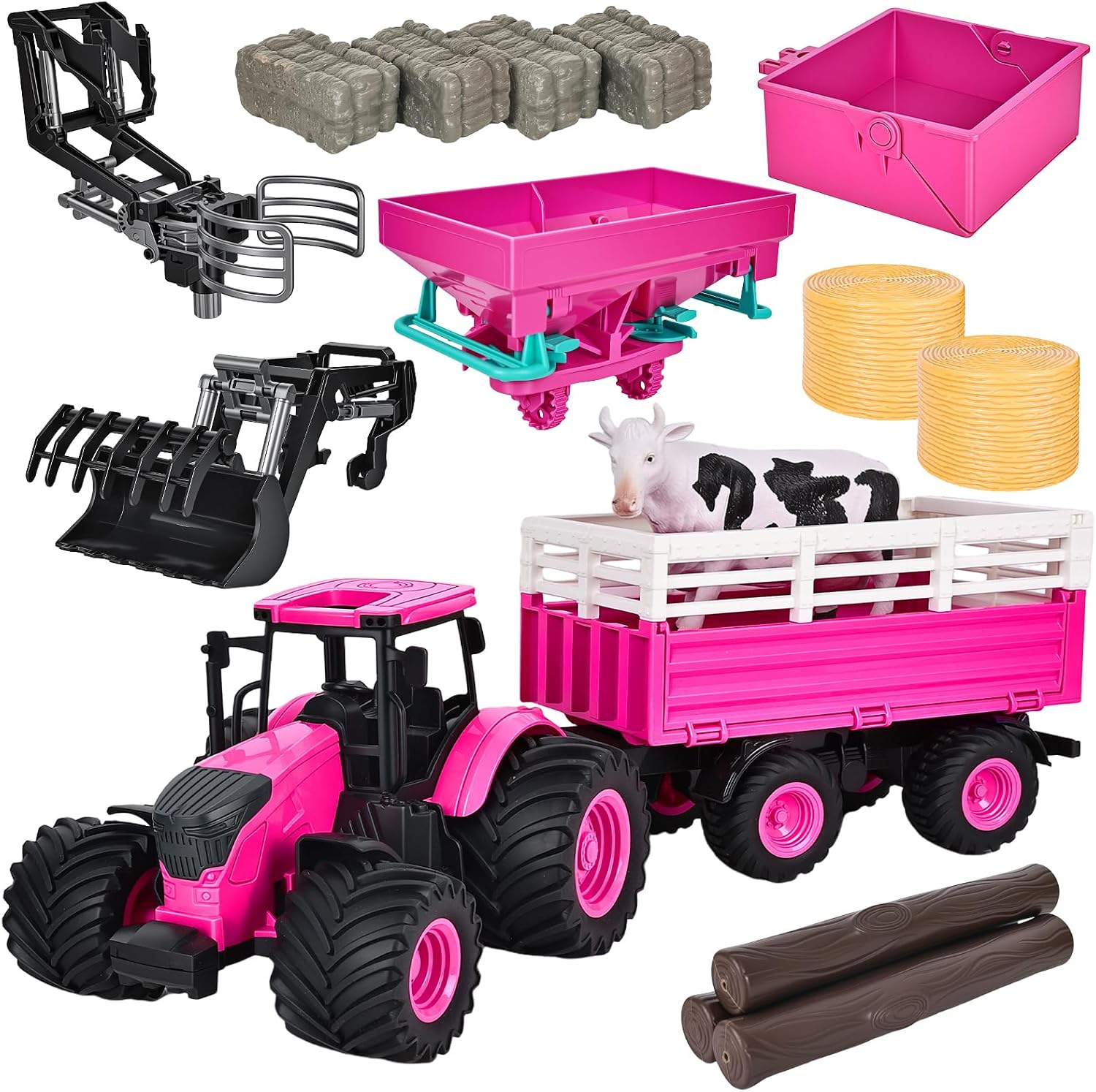 Peagprav Farm Toys Tractor with Trailer-16.5 Inches Tractor Playset 1/24 Scale Gripper Frontloader Spreader for Girls Kids Toddlers Age 3-7 Years Old, Pink