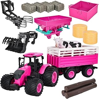 Peagprav Farm Toys Tractor with Trailer-16.5 Inches Tractor Playset 1/24 Scale Gripper Frontloader Spreader for Girls Kids Toddlers Age 3-7 Years Old, Pink