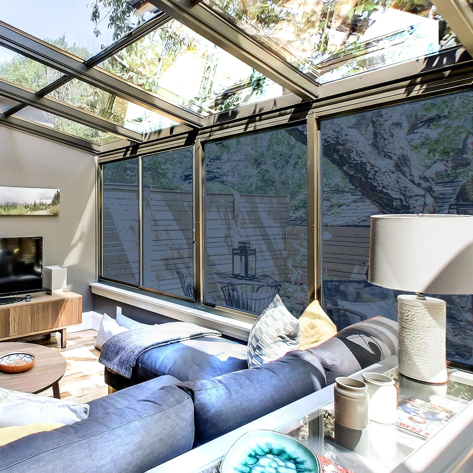 Shackcom Film Fenêtre Anti Regard Miroir sans Tain 90x200cm Bleu Argenté Film Solaire Adhésif Électrostatique sans Colle Anti UV & Anti Chaleur Occultant Protection de Soleil pour Maison Bureau