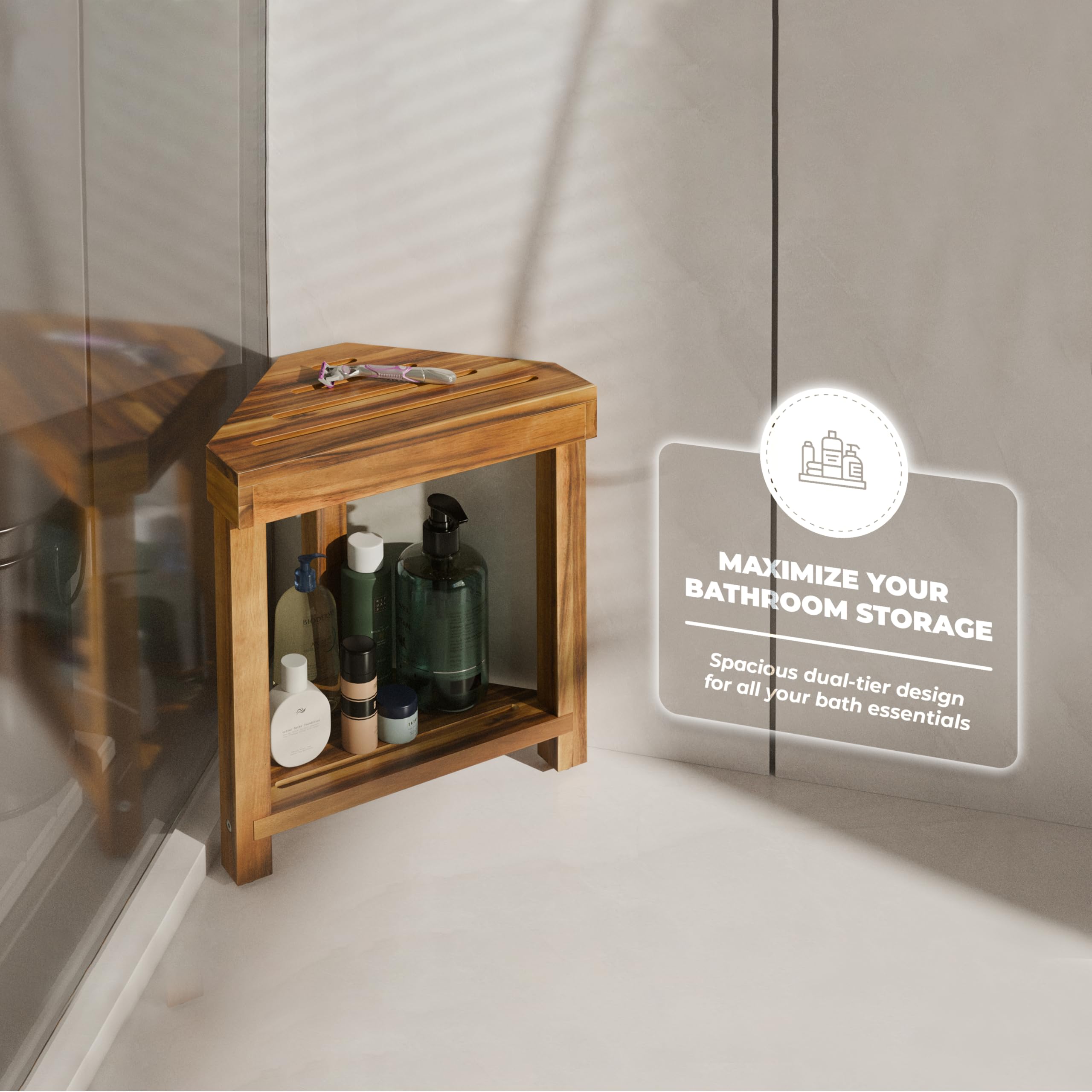 BLUEWEST Reposapiés de ducha, taburete de ducha de esquina, taburete de ducha de madera para afeitarse las piernas, reposapiés de ducha impermeable con estante de almacenamiento para pequeños espacios
