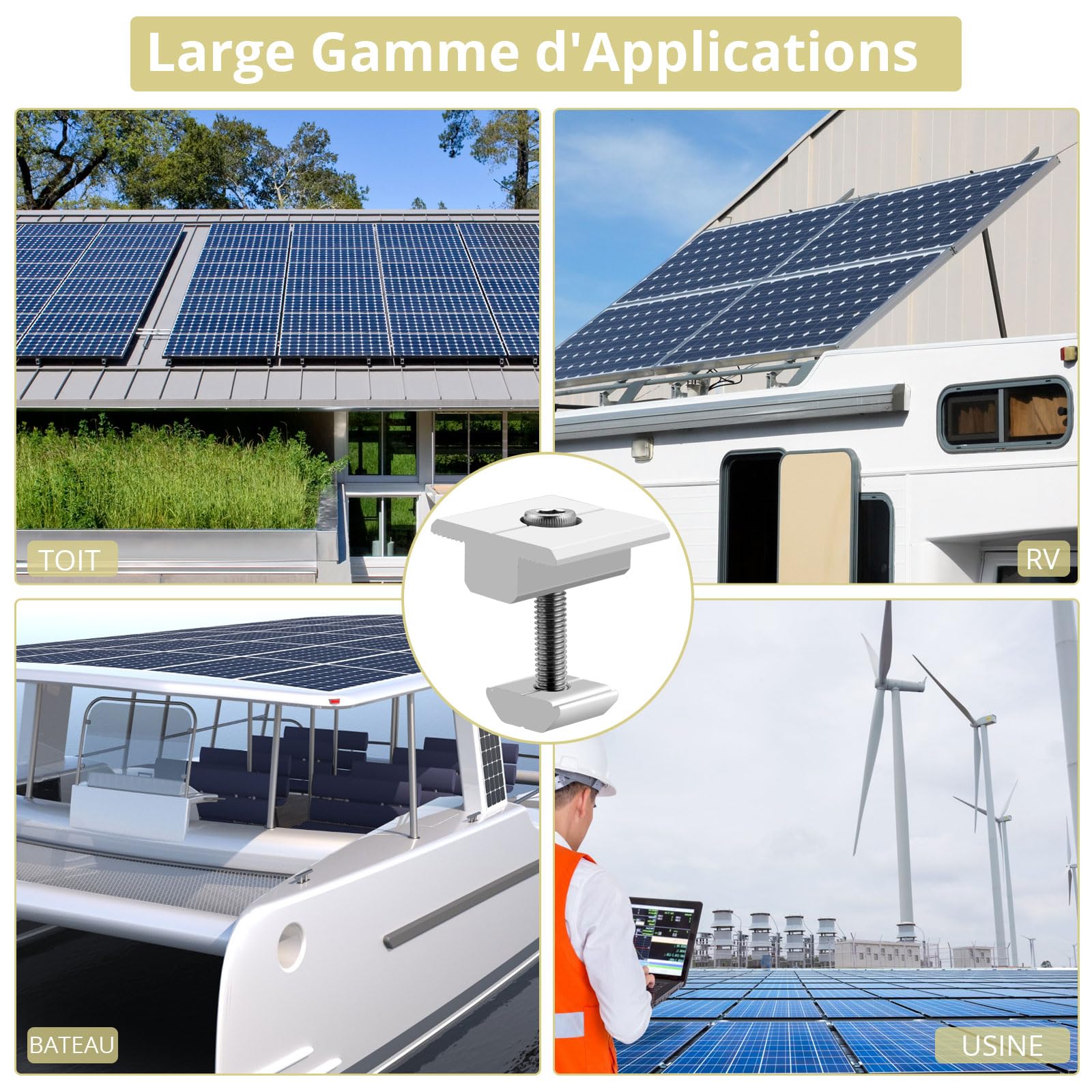Anbte Lot de 10 Pinces Centrales de 30 mm en Alliage d'Aluminium en T Support de Montage avec 10 Vis M8 x 48 mm pour Panneau solaire photovoltaïque