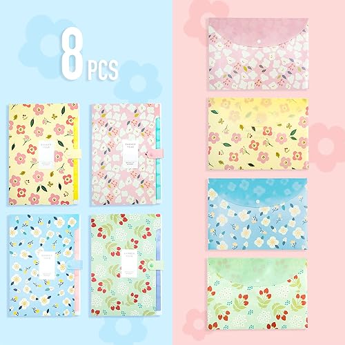 Miniatura 2 de POTTIIS Carpetas de archivo expandibles con diseño de flores, 8 bolsillos, paquete de 4, tamaño carta A4, material de poliéster, 12.8 x 9.3 pulgadas