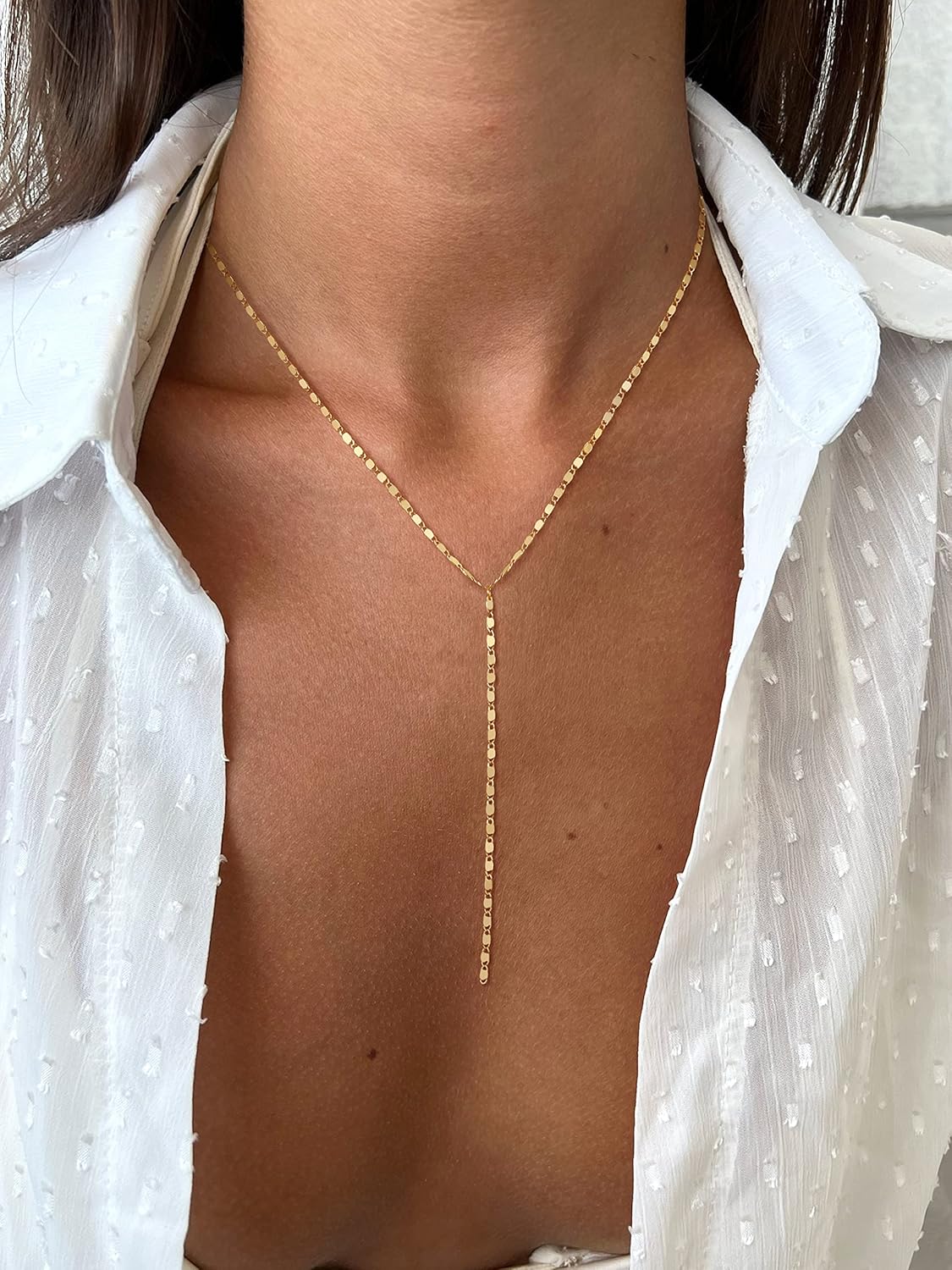 Foxgirl Lariat Gold Necklace for Women, Dainty Long Necklace 14k Gold Plated/Silver Y-Shaped Pendant Necklace Trendy Layered Cz Beaded Chain Drop Necklaces Simple Gold Jewelry For Women Gift - Image 2