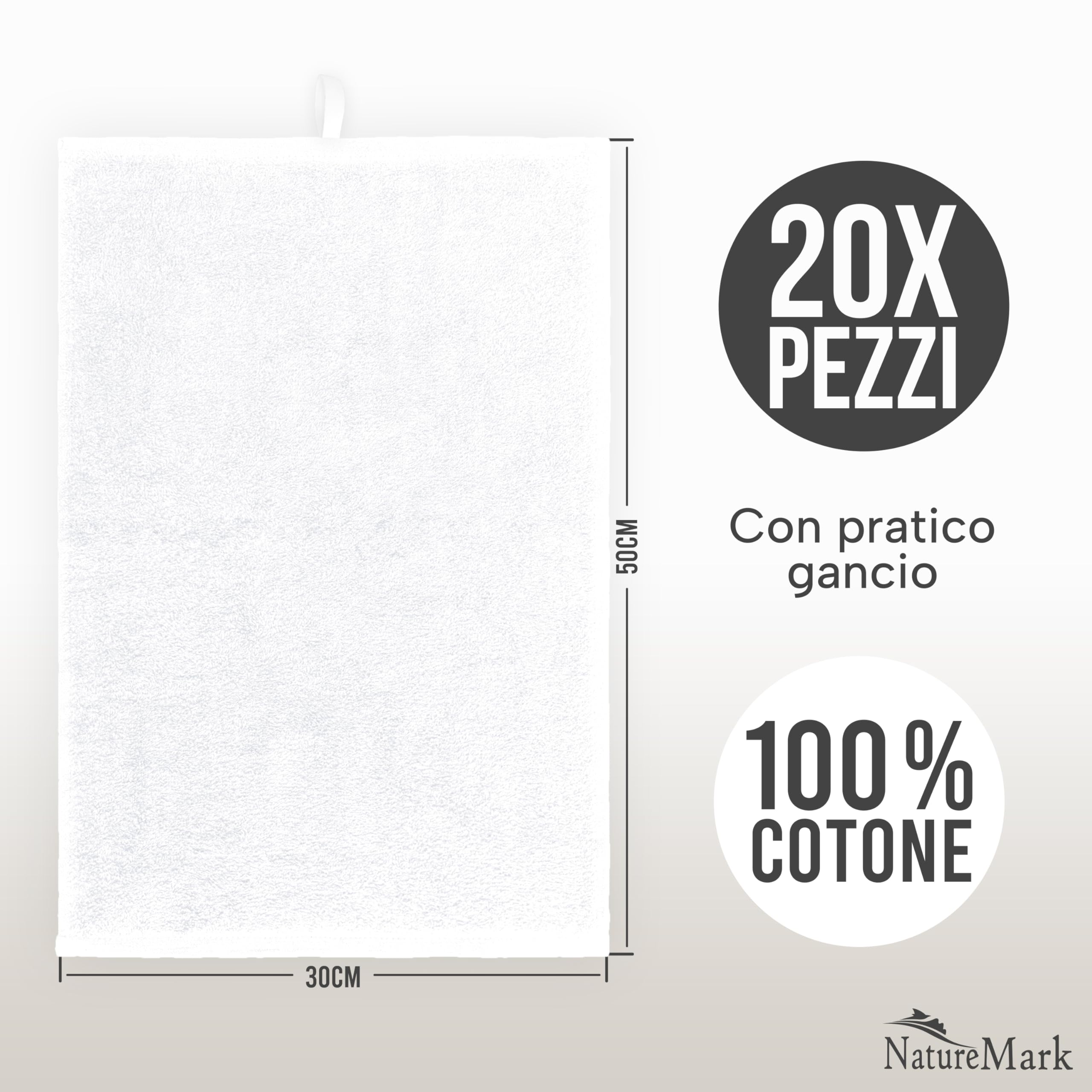 NatureMark Asciugamani Ospite – Confezione da 20 (30x50 cm), 100% Cotone, Certificati OEKO-TEX, Morbidi, Assorbenti e Facili da Lavare – Per Bagno, Ospiti & Spa – Bianco