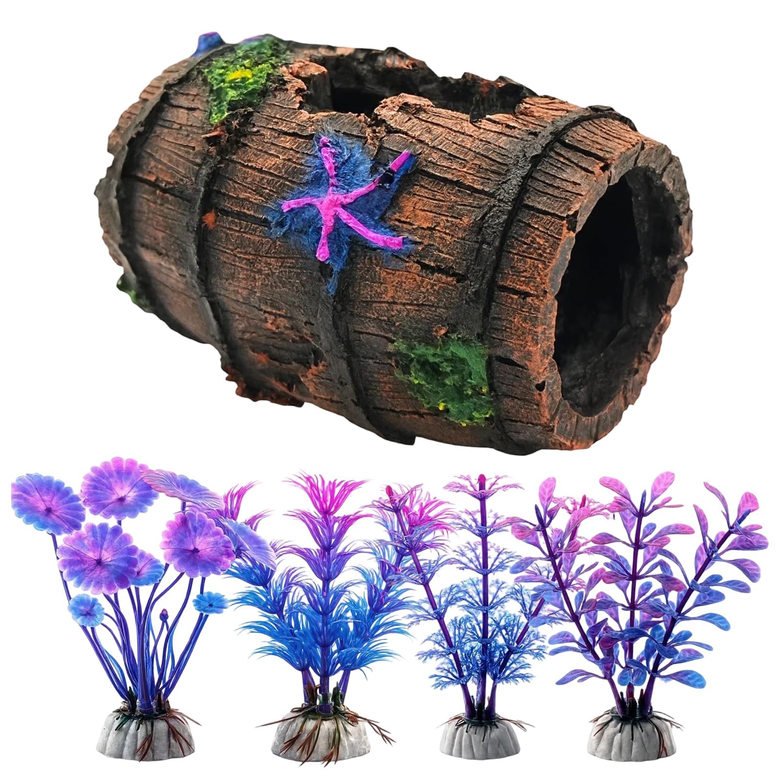 QhgPnt Fish Tank Decorations, Aquarium Ornaments Set of 5 Pieces, Fish Tank Accessories with Plants and Starfish Barrel, Fish Accessories for Aquarium Decoration