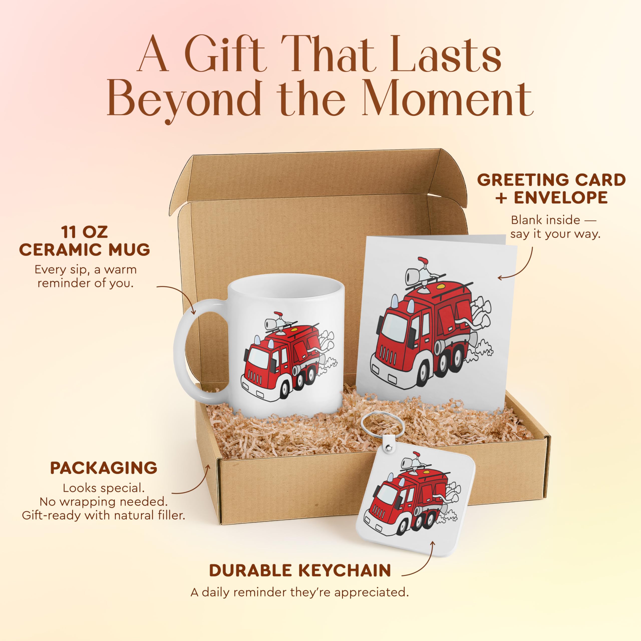 3dRose Cute Fire Truck Gift Set for Kids - Includes Mug, Keychain, and Card - Perfect for Birthdays and Christmas