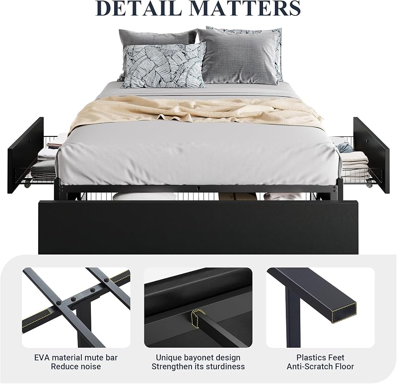 Allewie Queen Size Platform Storage Bed Frame with 3 Drawers, Black image 6